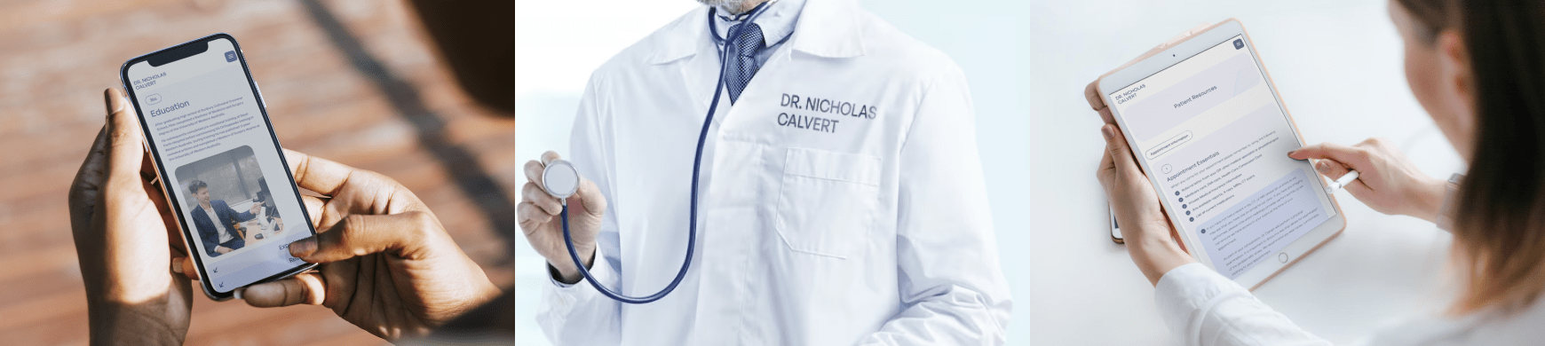 A collage/footer design with a doctor and his name on his lab coat including his information.