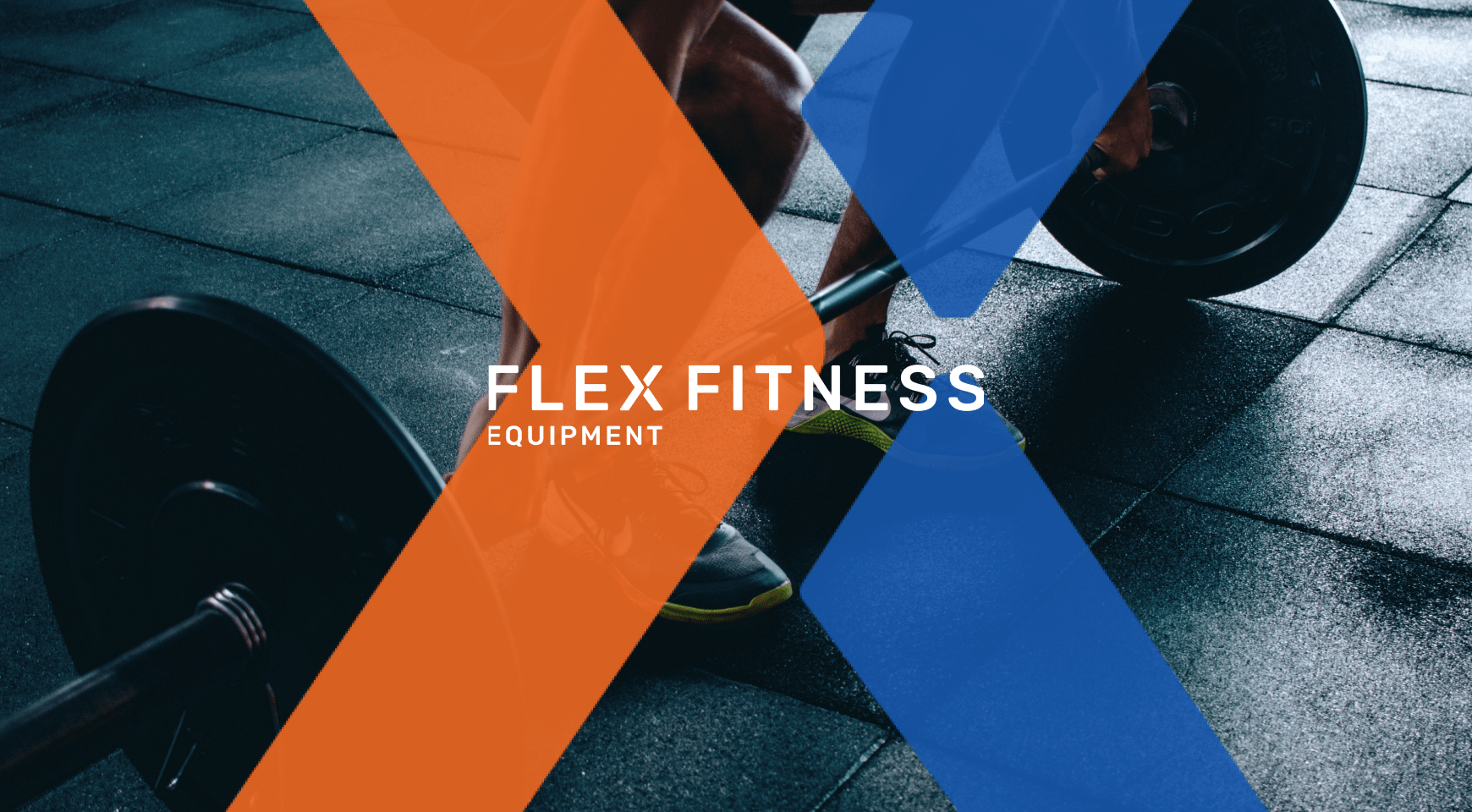 Person lifting barbell in gym with rubber floor with text "FLEX FITNESS EQUIPMENT."