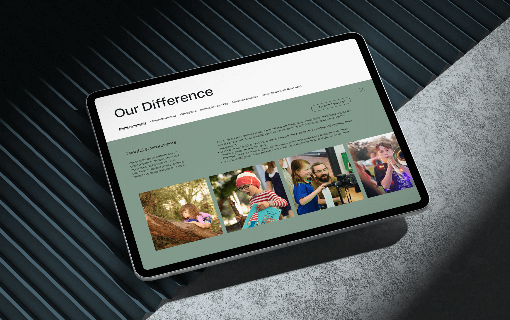 A tablet featuring an article about "Our Difference".