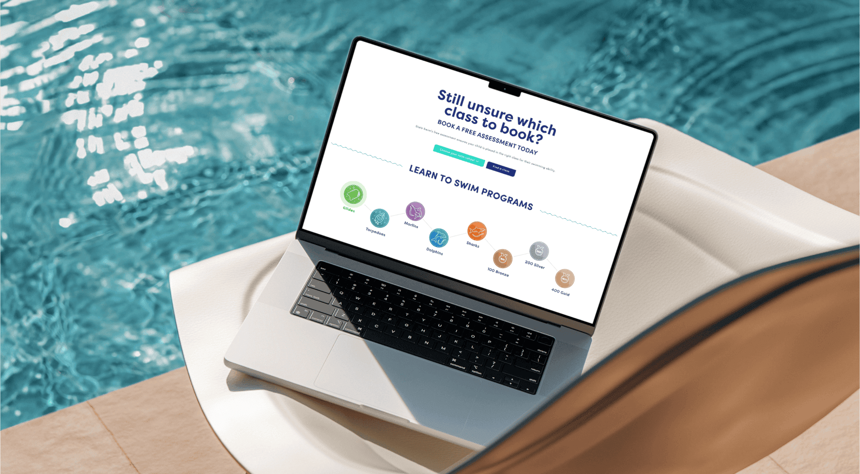 A laptop on a lounge chair by the pool showing a webpage about swim programs with colorful icons.