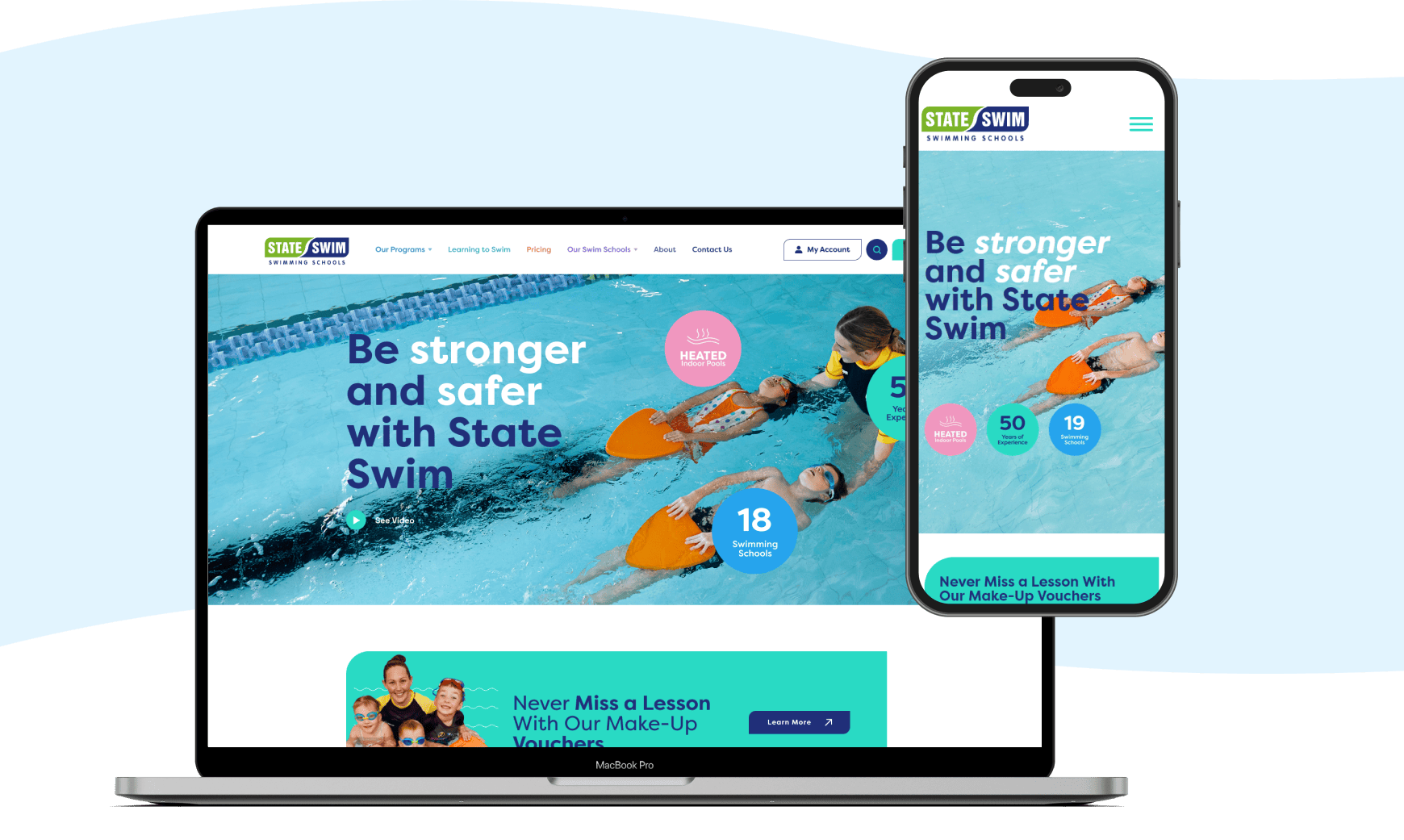 A website for "State Swim" with kids swimming and the text "Be stronger and safer with State Swim."