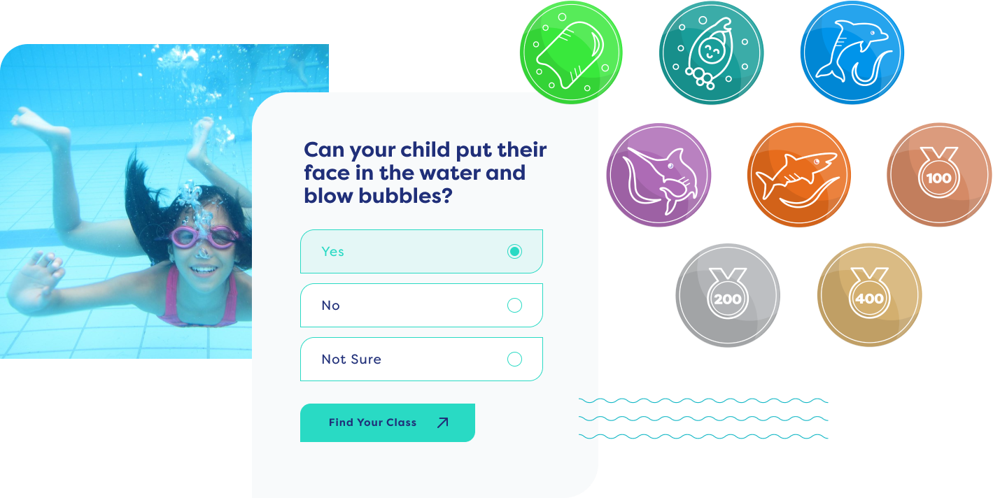 An image that shows a question and a girl swimming on the background with colorful designs.