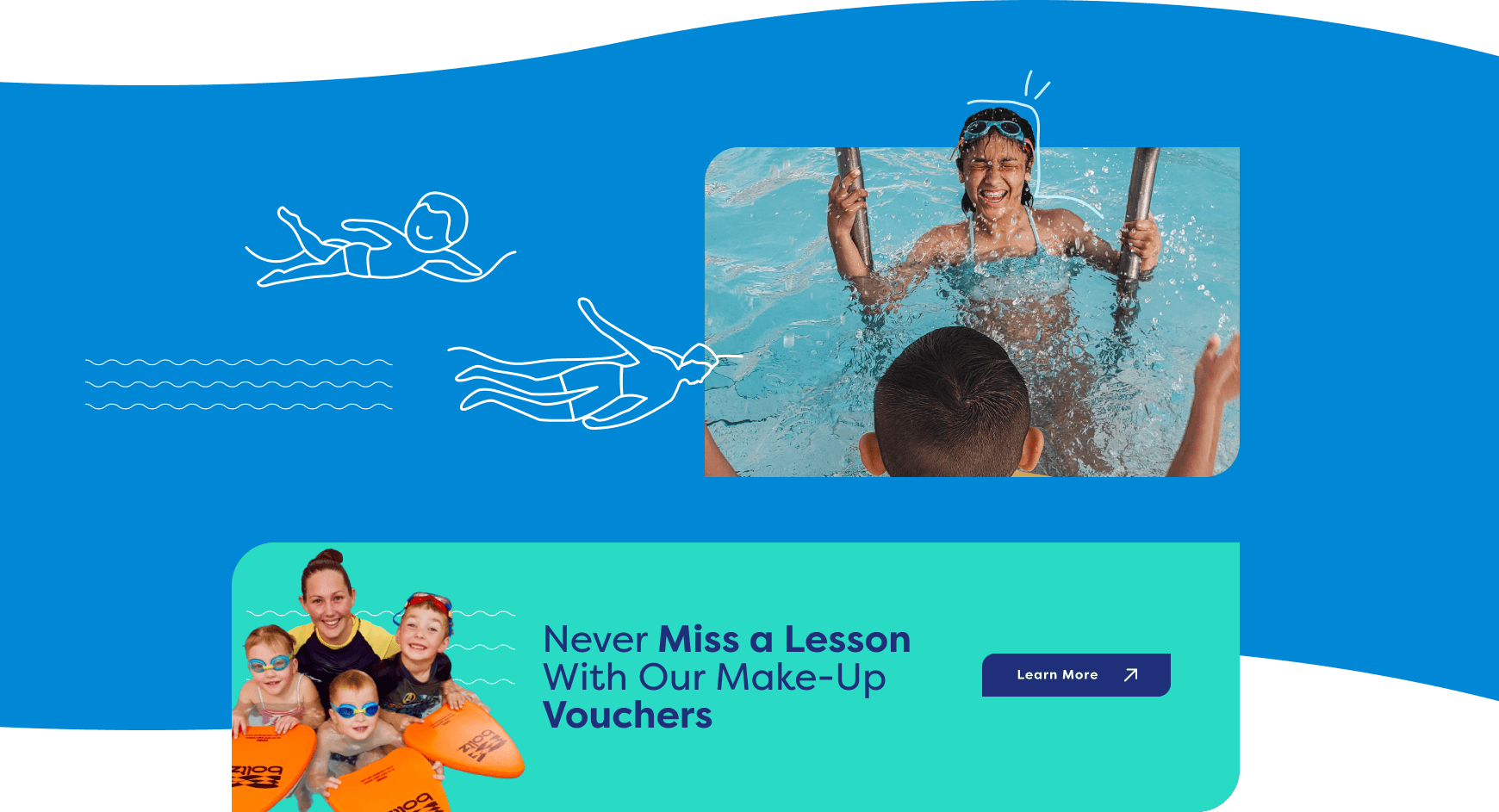 An collage with children swimming in colorful backgrounds and has a Learn More logo.