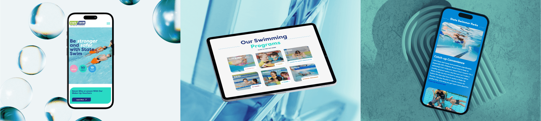 The image shows phone and tablet screens with swimming programs and offers, surrounded by bubbles.