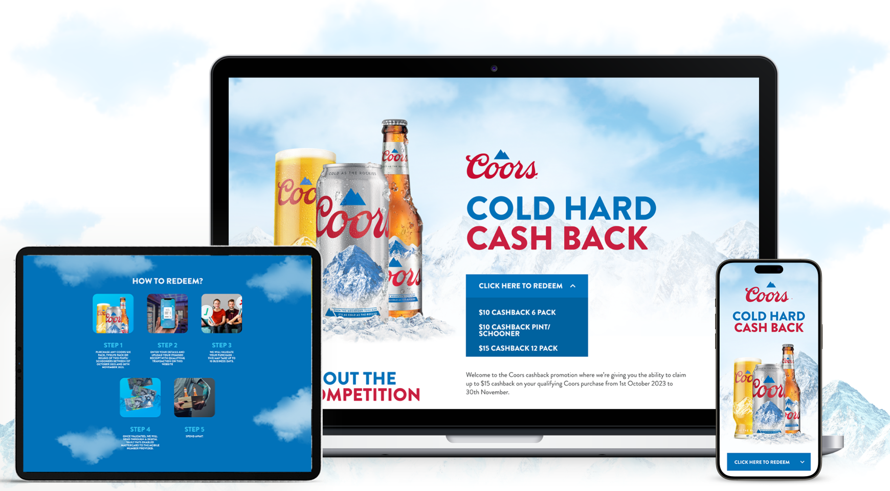 Different gadgets featuring an infographic about the Cold Cashback of Coors.