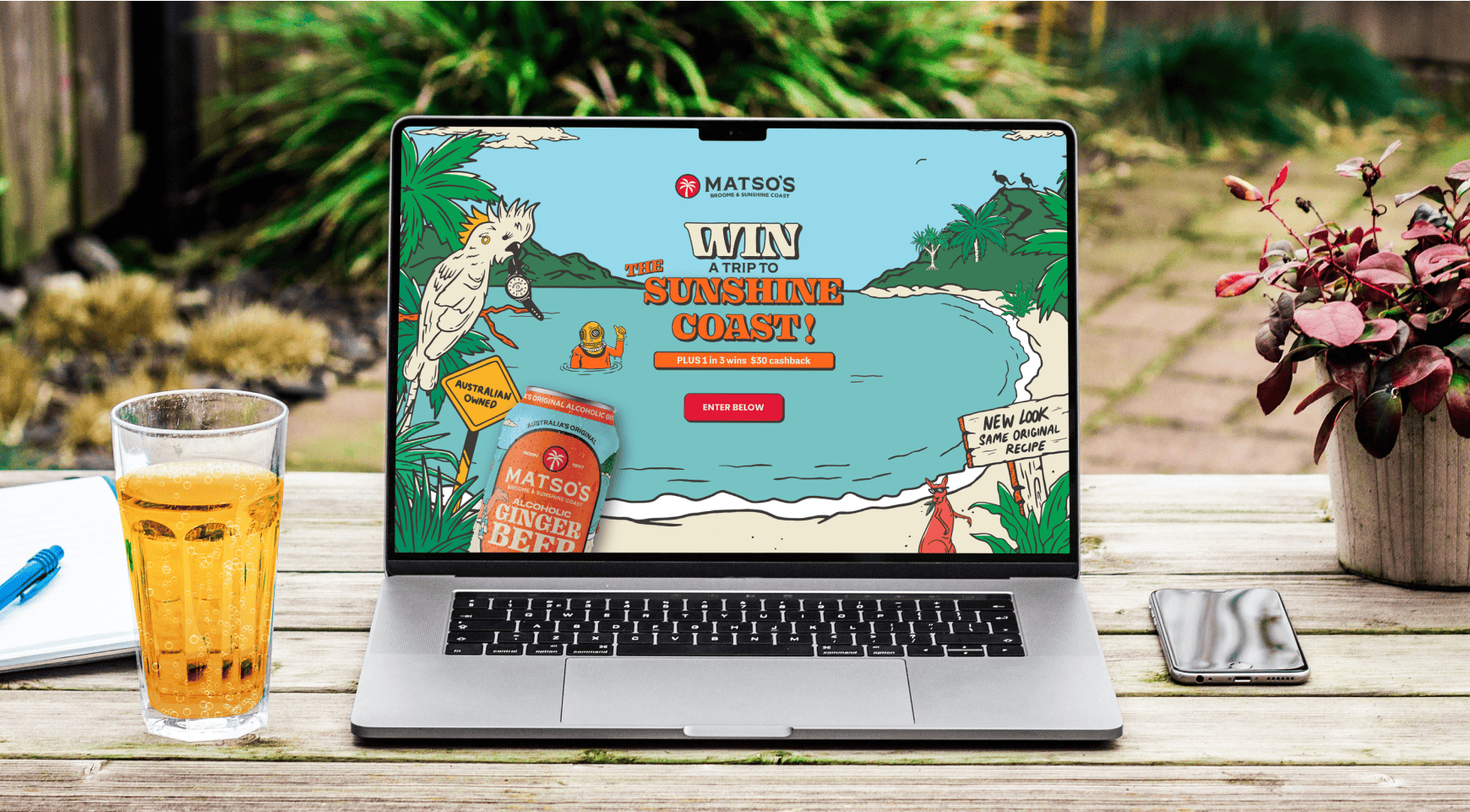 A laptop showing a landing page of Matso's website featuring an ad/promo.