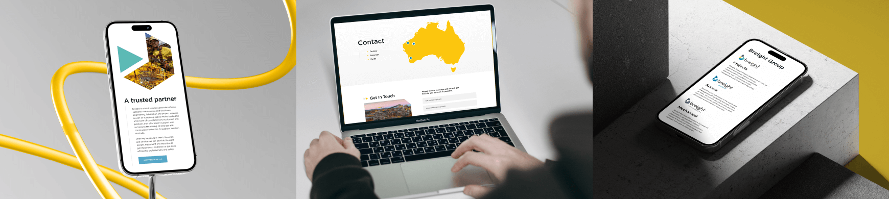 A mobile and laptop design showing a contact page with an Australia map and a form to get in touch.