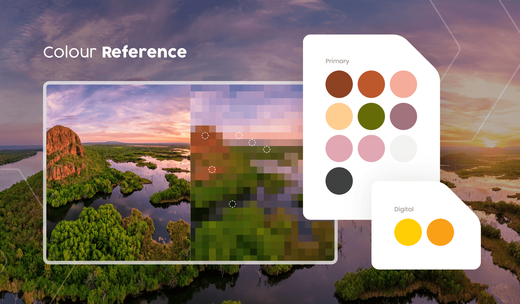 A pixelated landscape photo with a color palette on the right, showing warm tones.