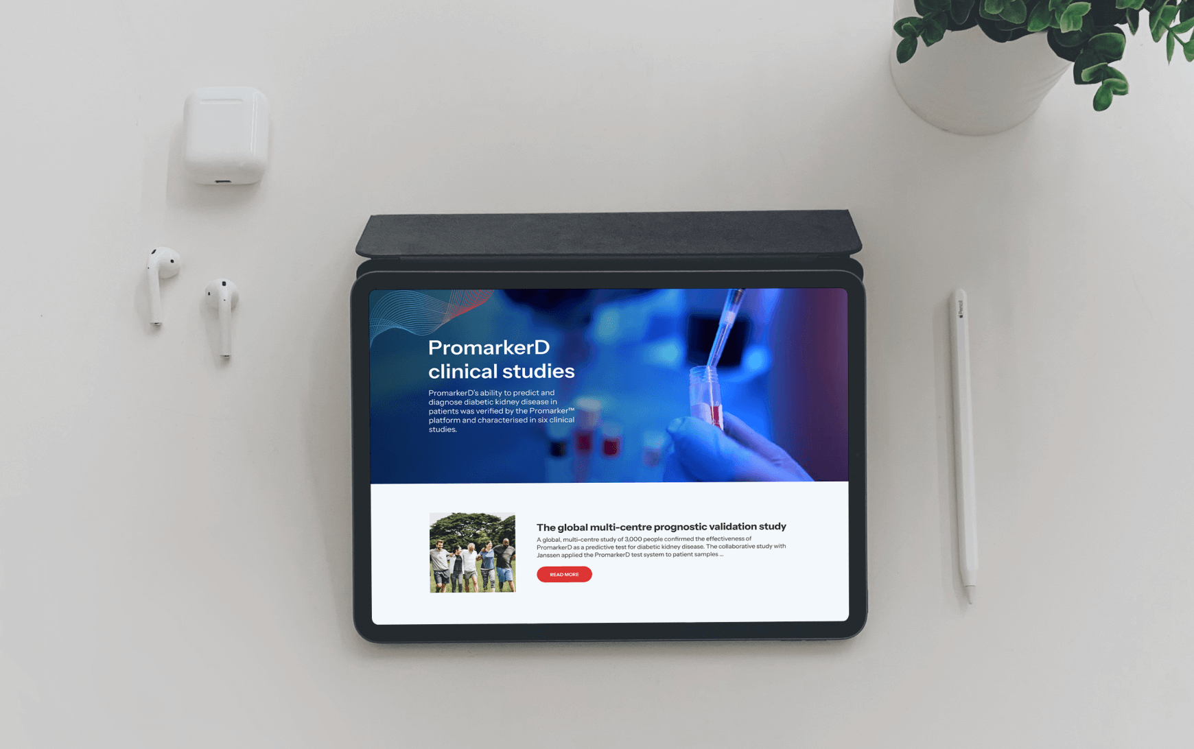 A tablet featuring the webpage of PromarkerD and an article about their services.