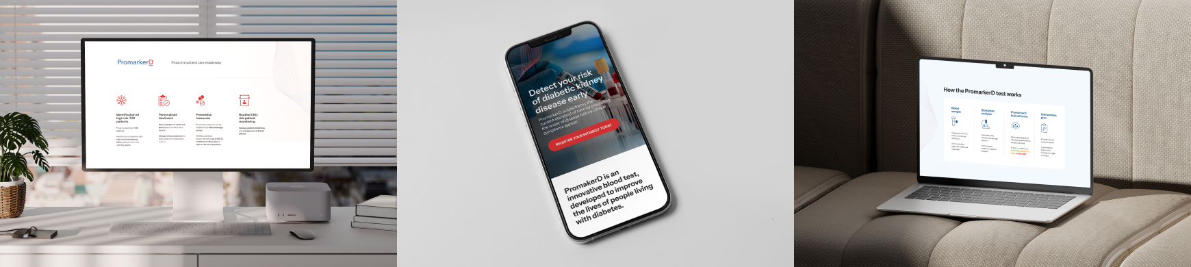 A collage photo of deifferent devices displaying PromarkerD webpage.