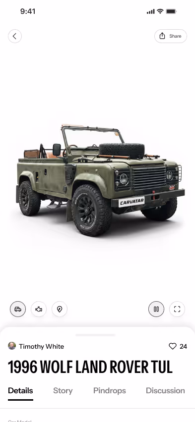 The Carvatar app displays a detailed 3D rendering of a 1996 Wolf Landrover TUL created via scanning the vehicle with an iPhone.