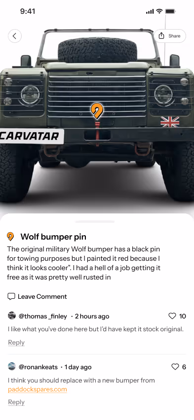 Carvatar app screenshot showing a close up view of the front bumper pin on an vintage Land Rover. The owner is explaining the customisations in the comments, and other Carvatar users leave their thoughts on the modification.
