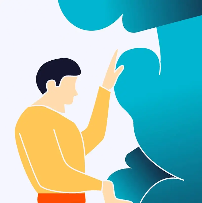 Illustration d'une personne en chemise jaune touchant ou interagissant avec des formes abstraites bleu turquoise.