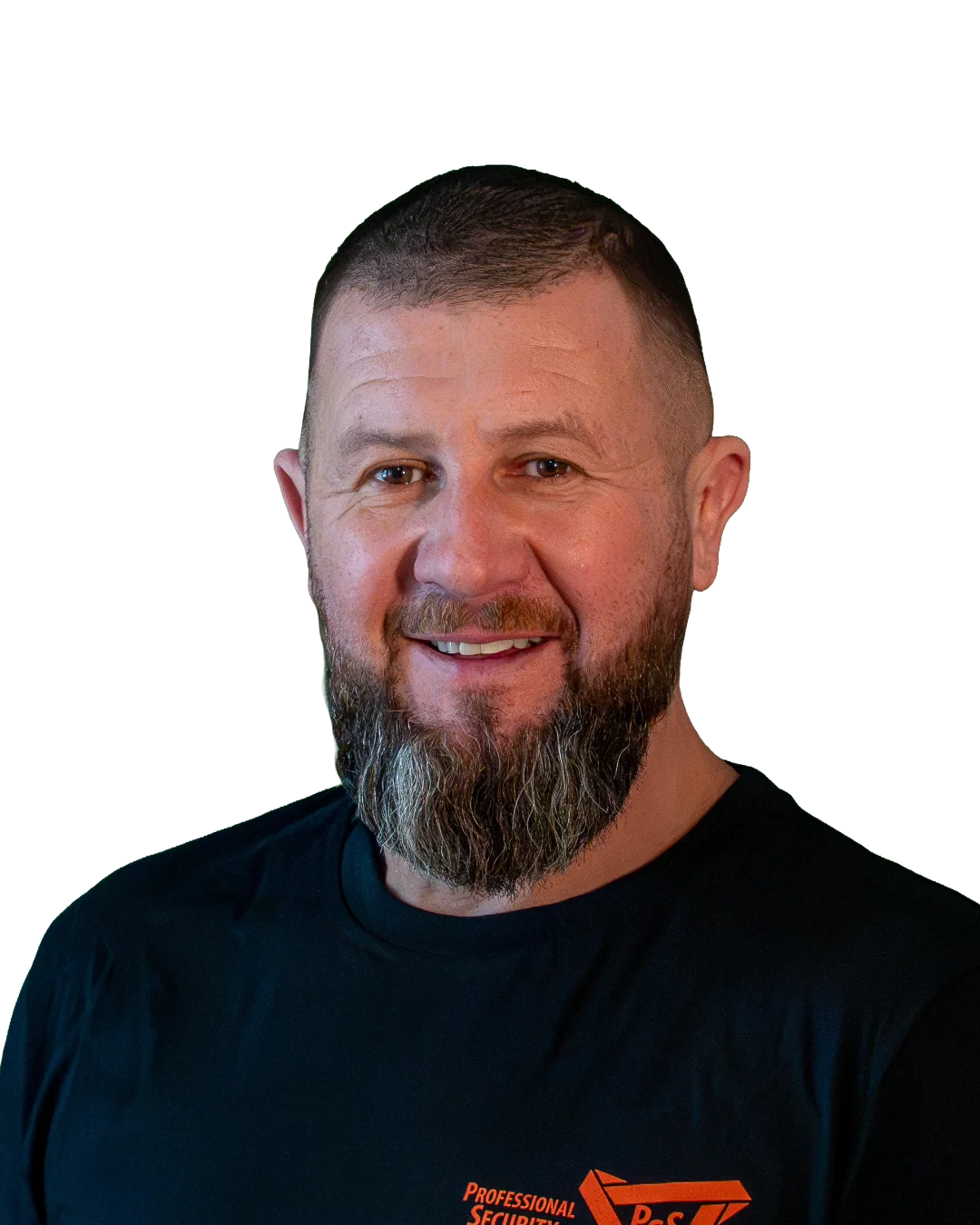 Smiling man with short hair and a beard wearing a black t-shirt with an orange security logo.