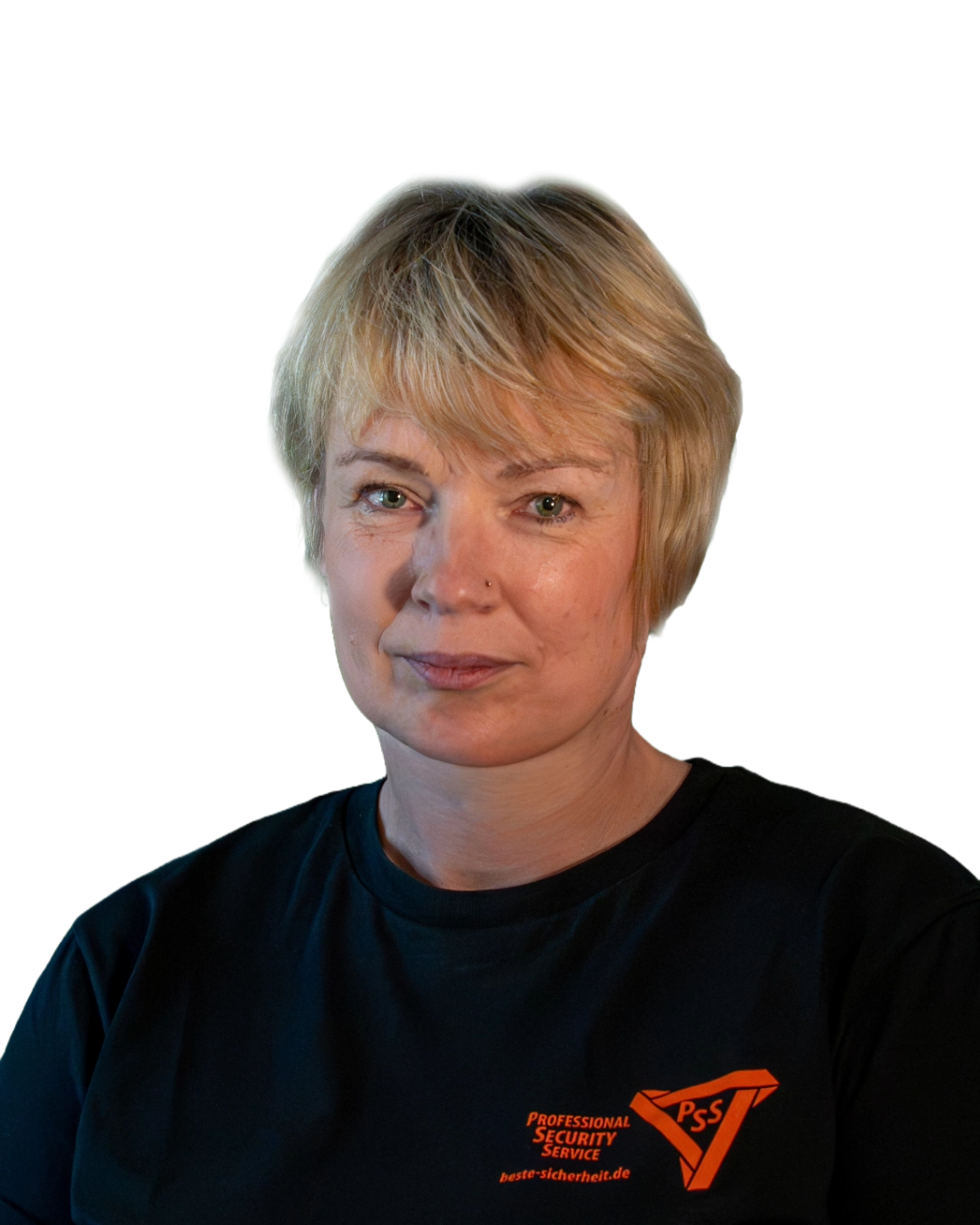 Portrait of a woman with short blonde hair wearing a black shirt with orange 'Professional Security Service' logo.