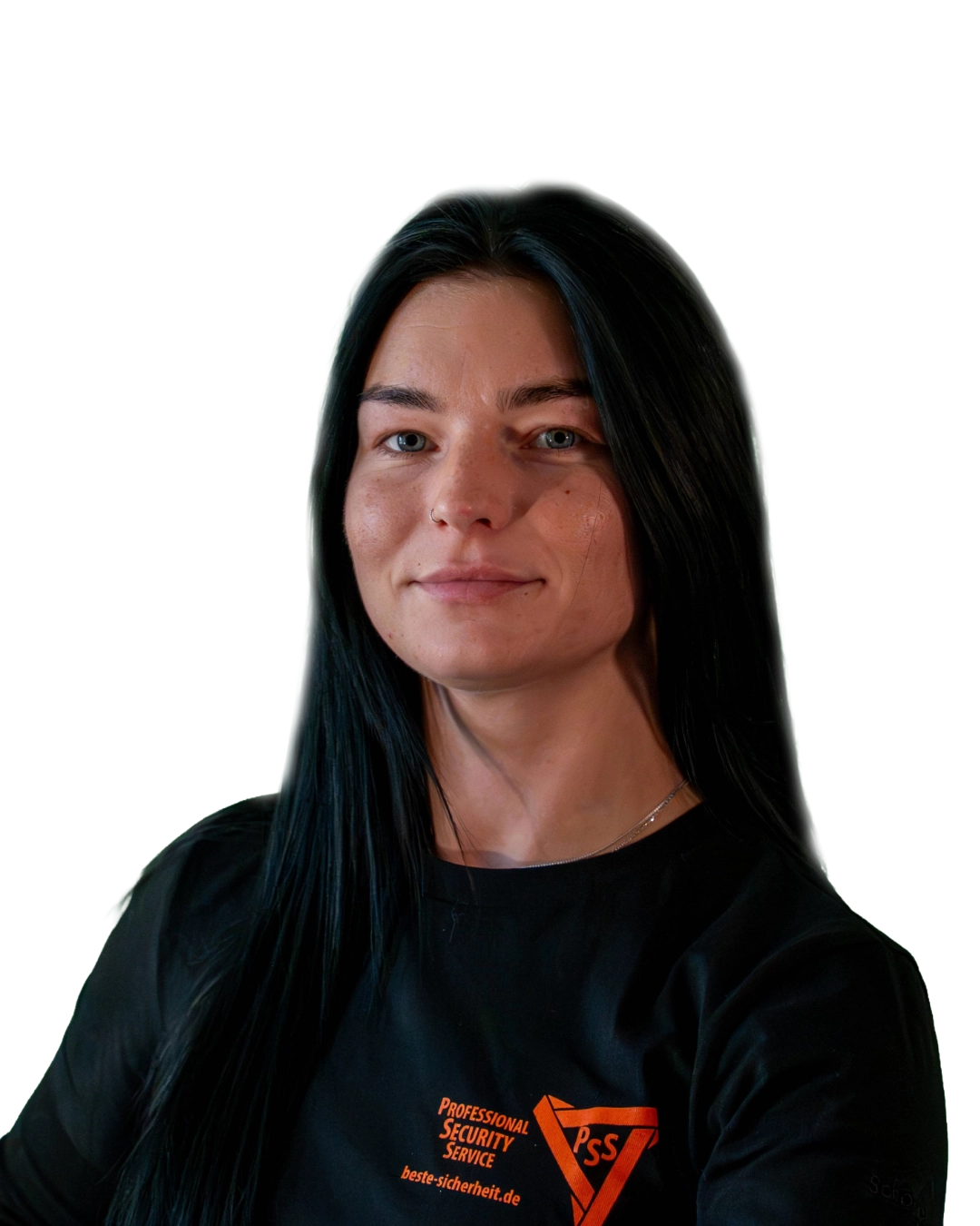 Portrait of a woman with long dark hair wearing a black shirt with orange Professional Security Service logo.