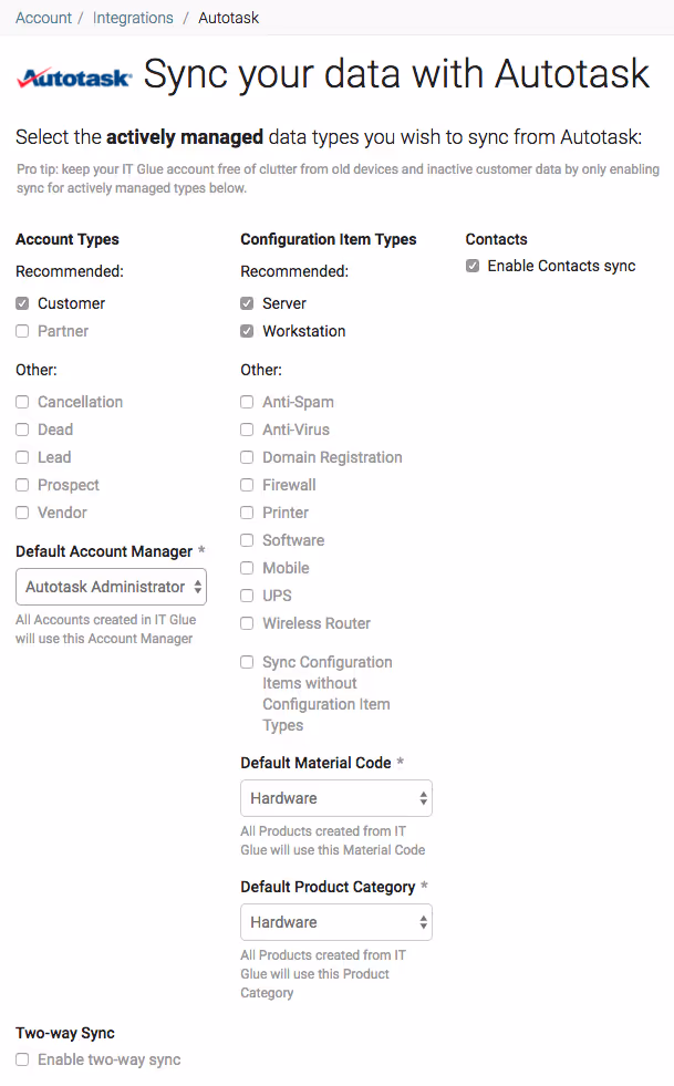 Configuration d'Autotask dans IT Glue