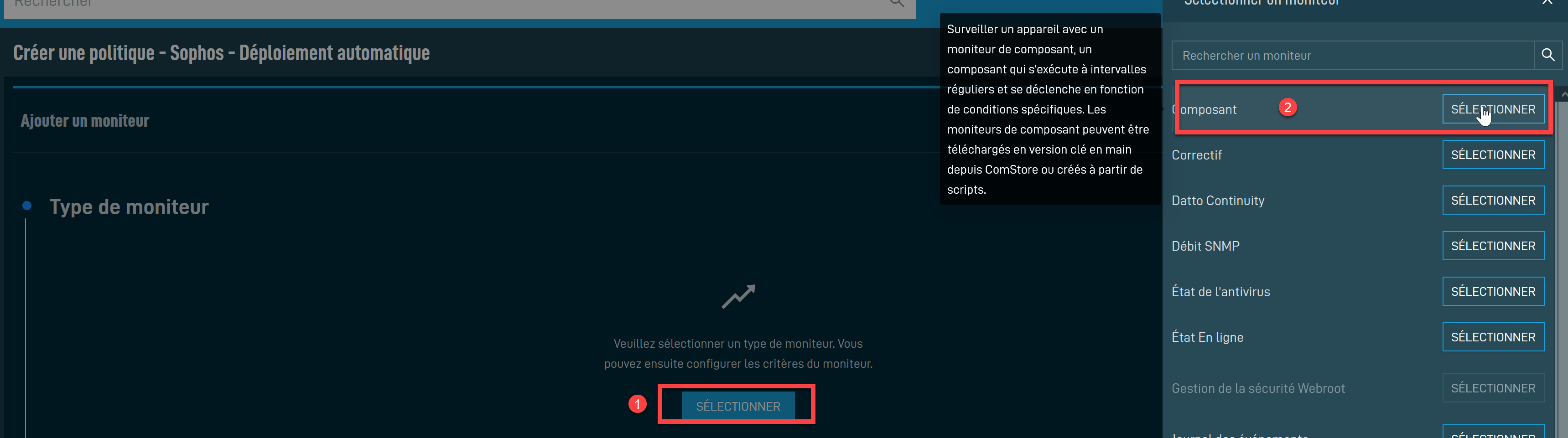 Sélection d'un moniteur de type composant