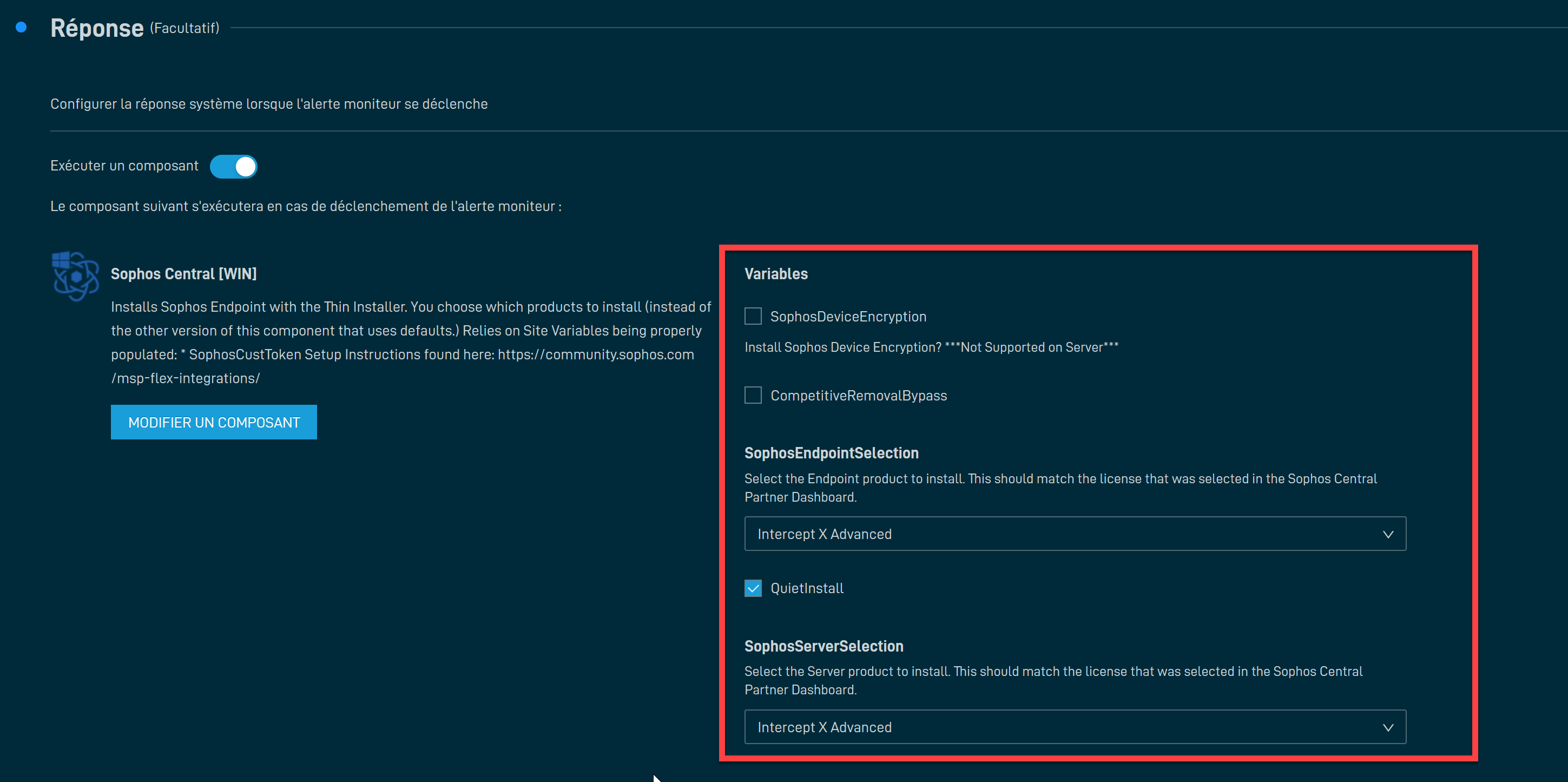 Variables de déploiement Sophos Central
