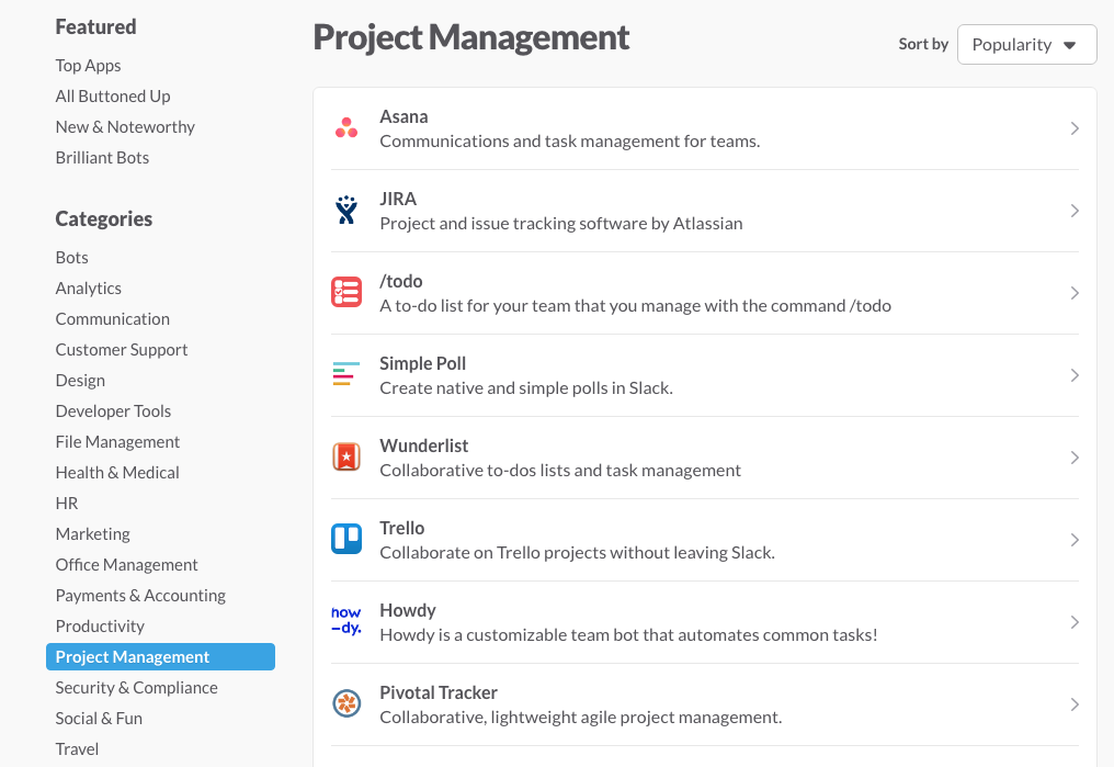 Liste des apps sur Slack