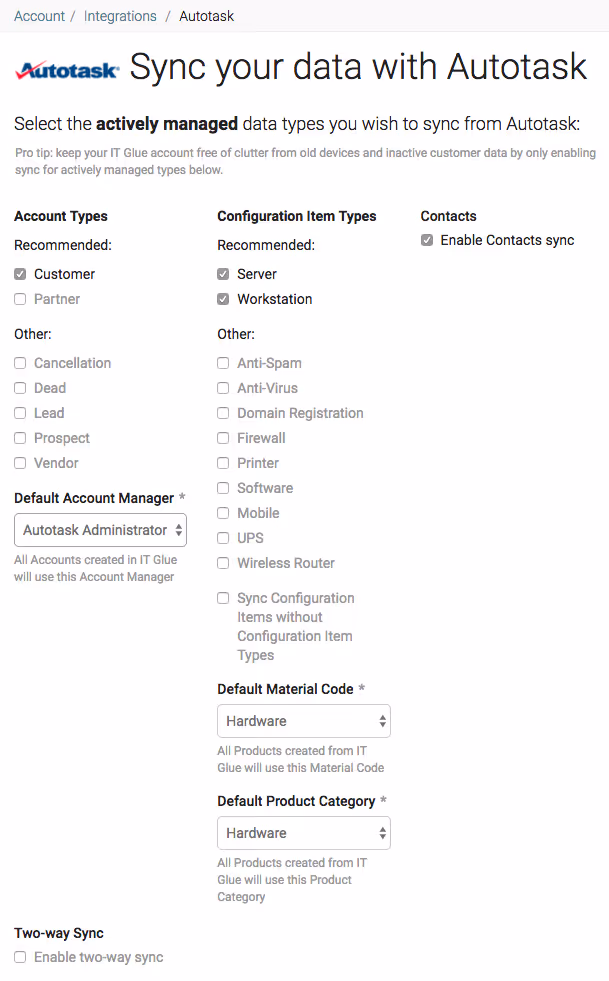 Configuration d'Autotask dans IT Glue