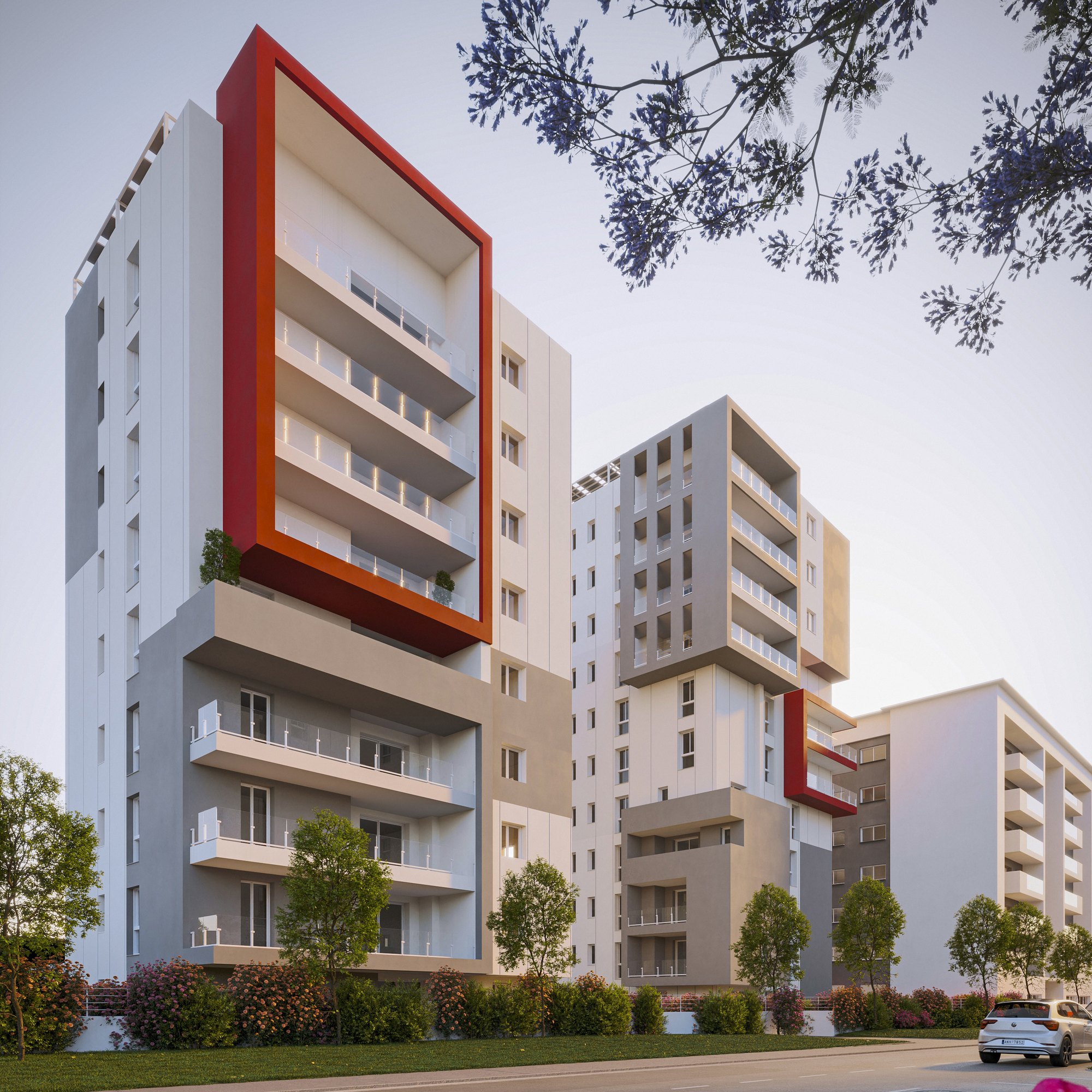 Render di nuove residenze contemporanee con cornici rosse, balconi vetrati e verde lungo la strada