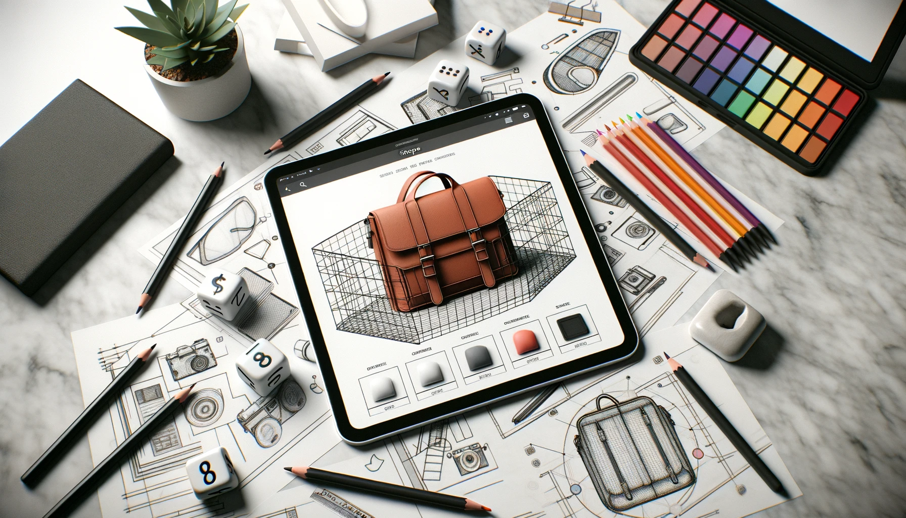 Photo d'une tablette tactile posée sur une table en marbre, affichant un site e-commerce avec un sac à main en rotation 3D. Autour de la tablette, il y a des croquis de design et des stylos de couleur, suggérant un processus de création.