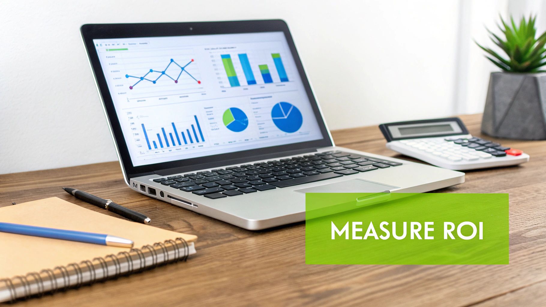 Laptop displaying business analytics with a calculator and notepad on a wooden desk, measuring ROI.