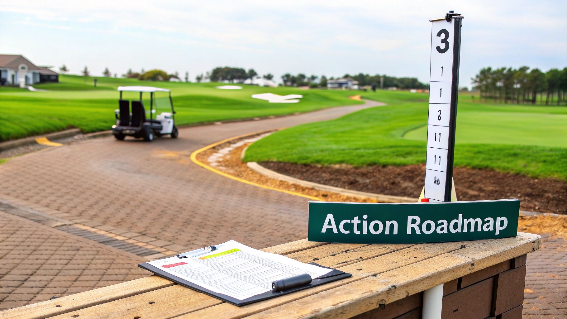 A golf course view with an 'Action Roadmap' sign, clipboard, score stand, and golf cart on a path.