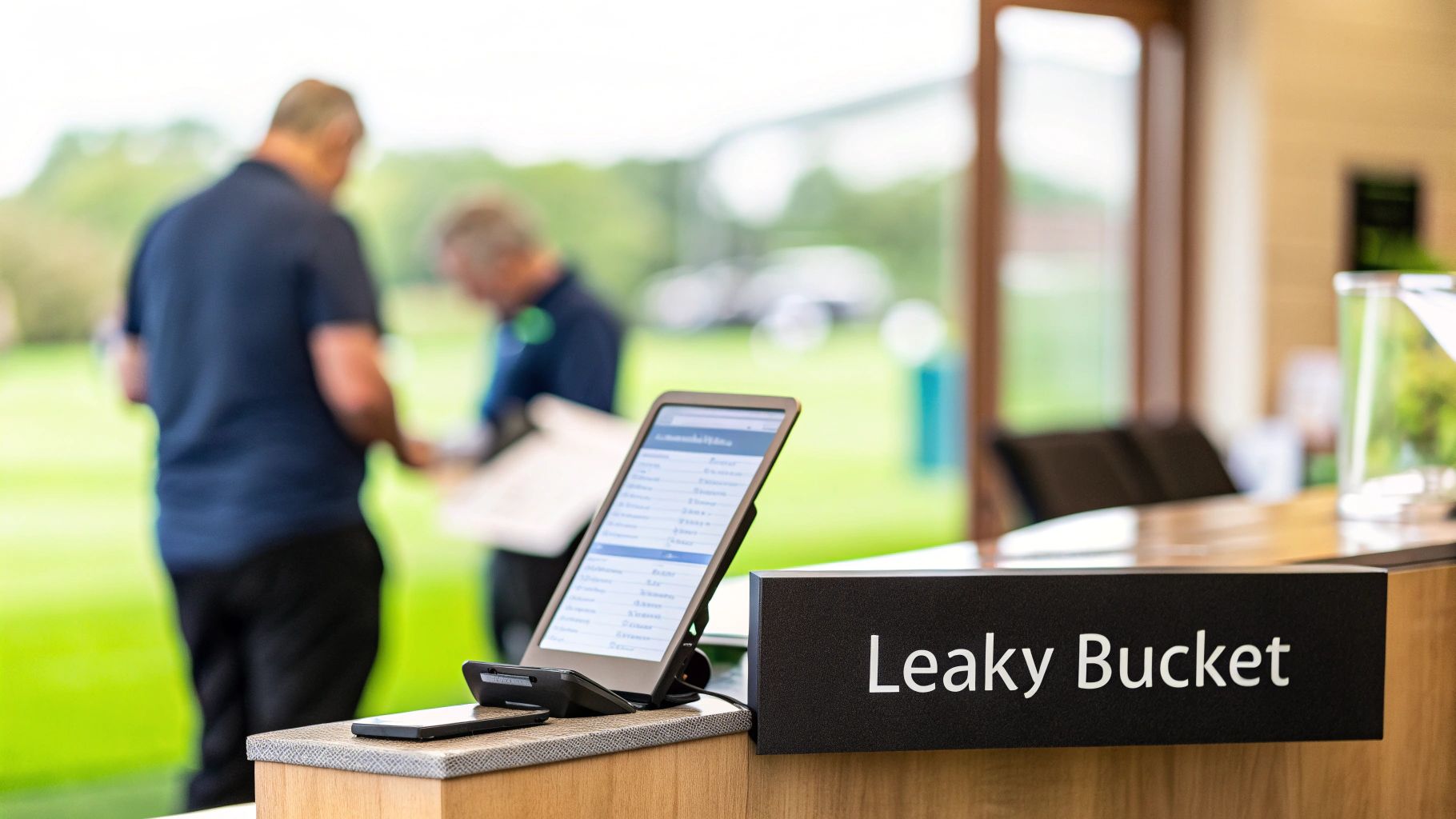 A golf course reception desk with a digital check-in tablet and a 'Leaky Bucket' sign.