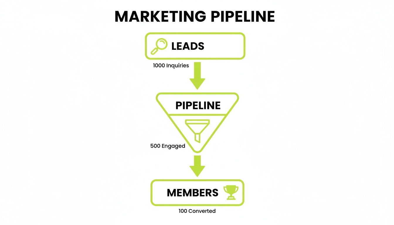 Marketing pipeline infographic detailing lead conversion from 1000 inquiries to 100 members.