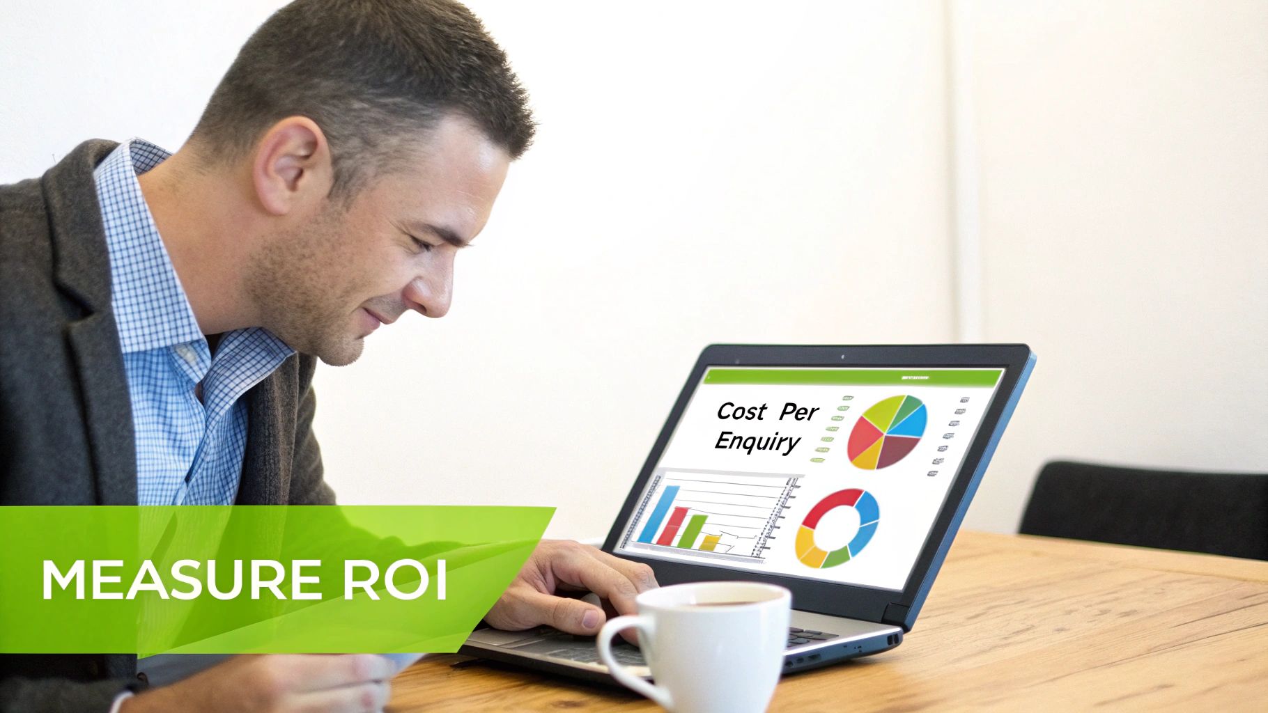 A man is intently looking at a laptop displaying 'Cost Per Enquiry' charts and 'MEASURE ROI'.