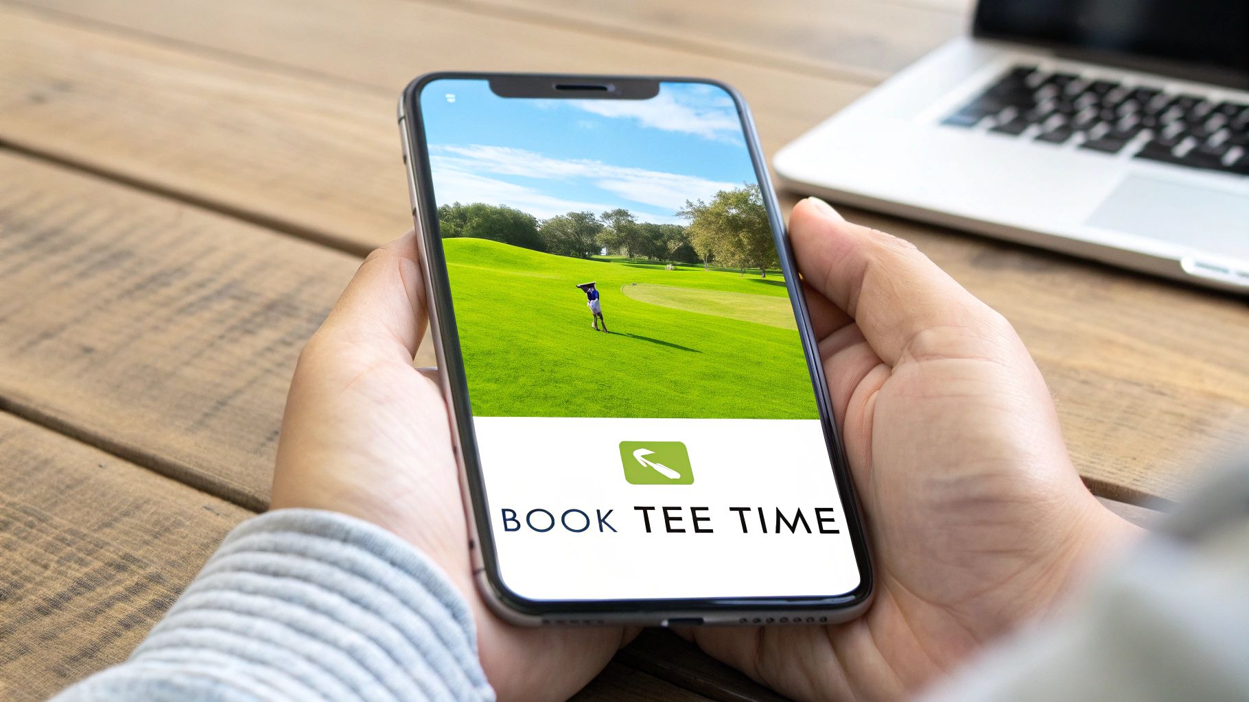 A person holds a smartphone showing a lush green golf course with a golfer and a 'BOOK TEE TIME' button.