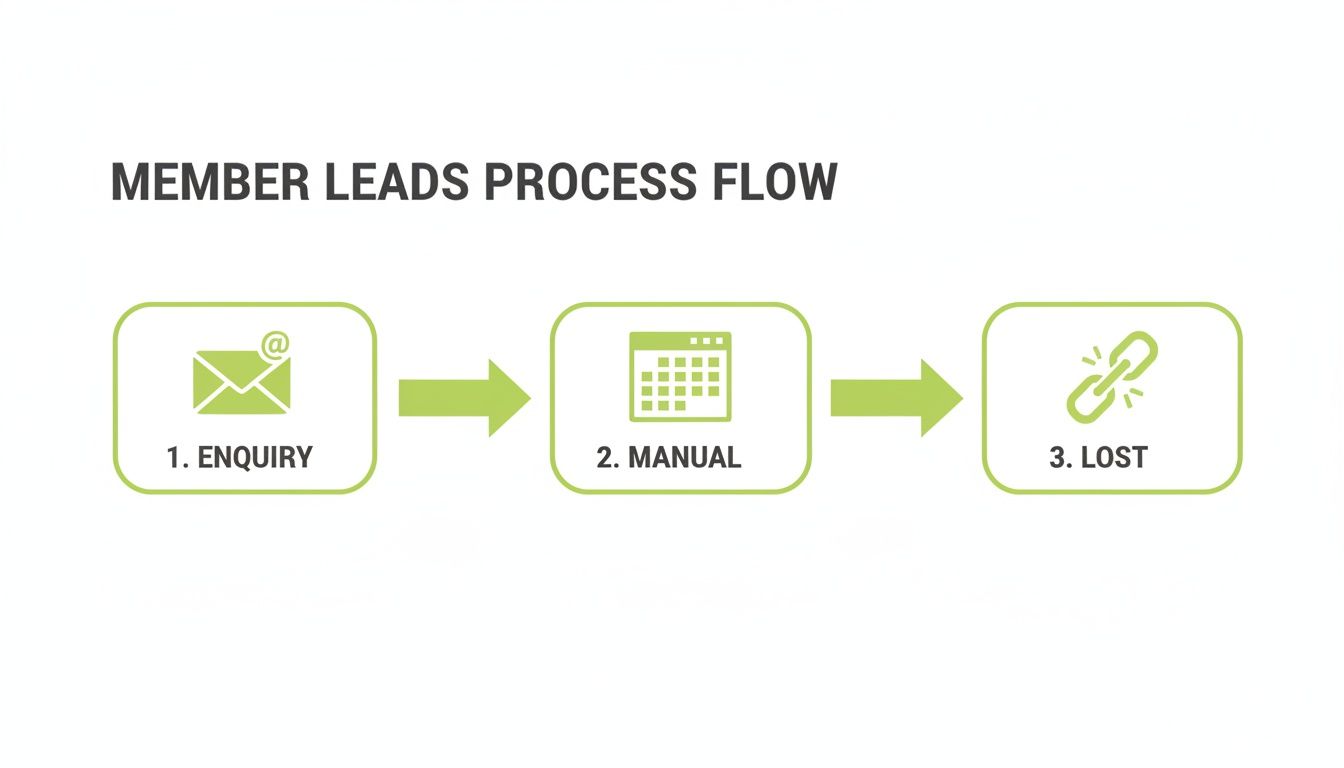 A flow chart outlining the member leads process with steps: Enquiry, Manual, and Lost, each with an icon.