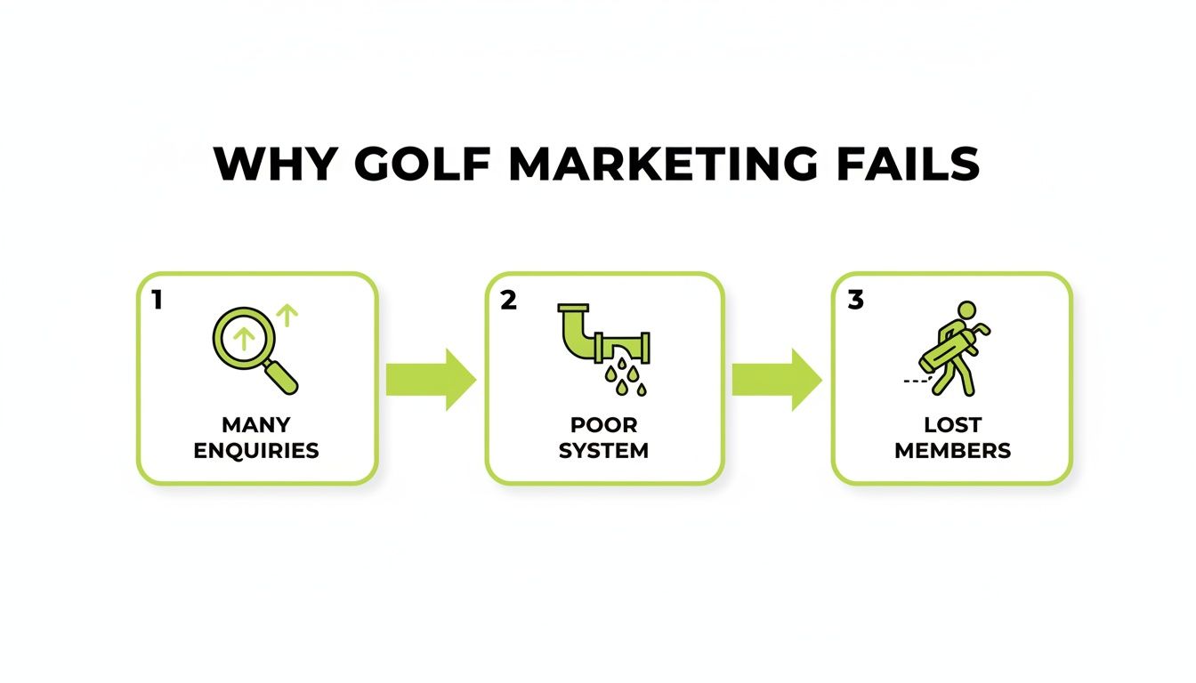 Diagram showing why golf marketing fails, illustrating the progression from many enquiries to lost members due to a poor system.