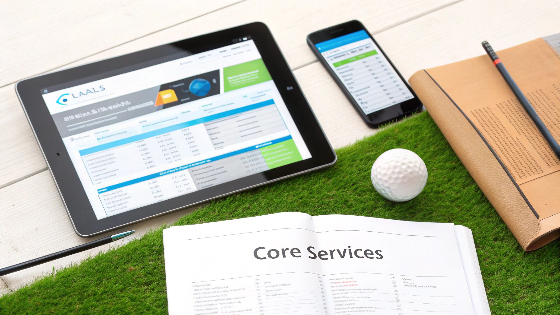 A flat lay of a tablet, smartphone, golf ball, and business documents on a green and white wood surface.