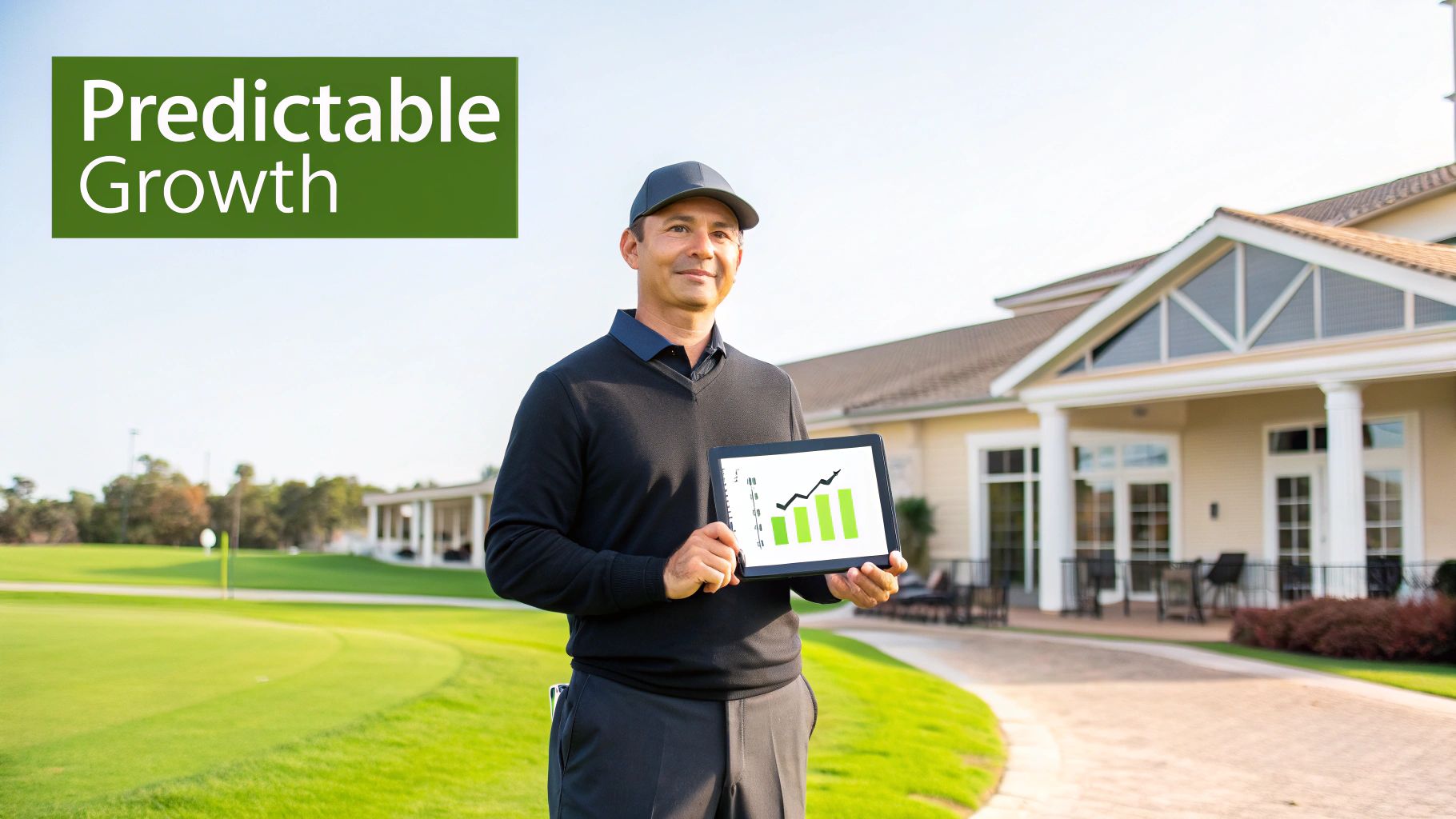 A professional man at a golf club displays a tablet with an upward growth chart, emphasizing predictable growth.