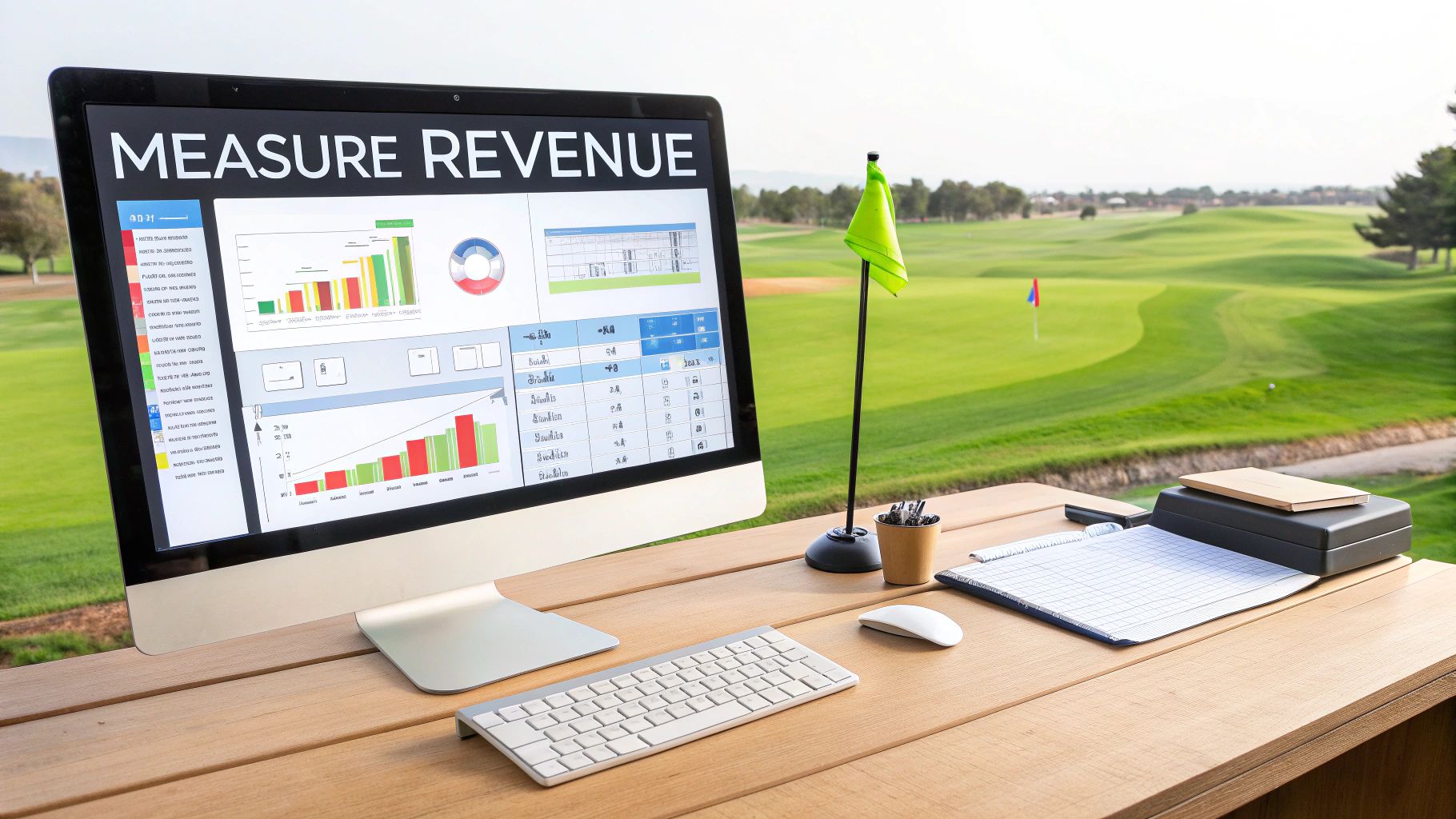 Computer displaying 'MEASURE REVENUE' dashboard with charts on a wooden desk by a golf course.