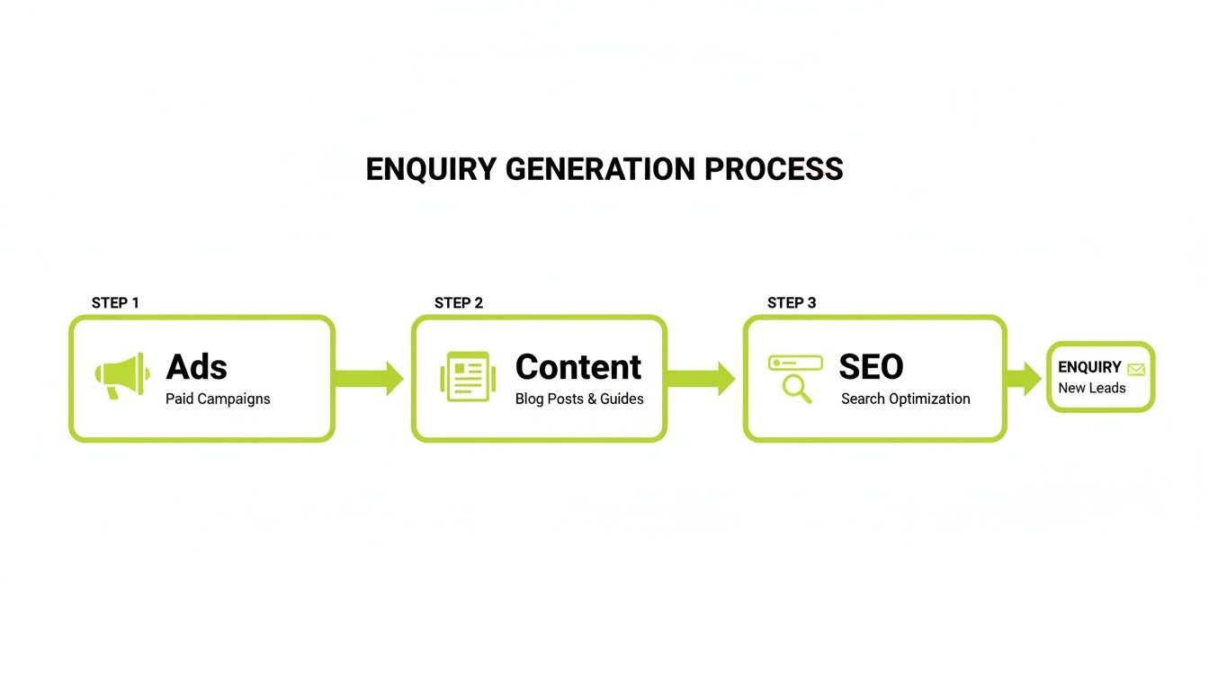 Flowchart illustrating the inquiry generation process with steps: Ads, Content, and SEO leading to new leads.