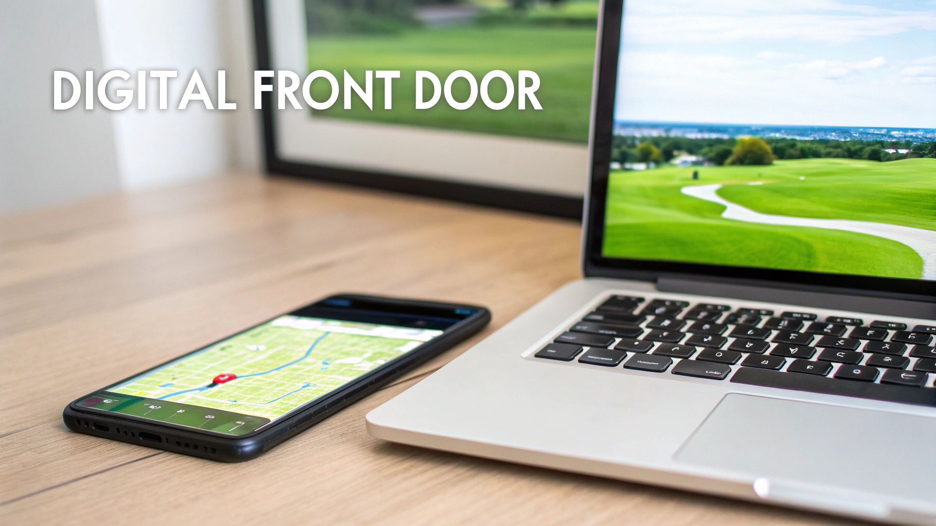 A laptop and smartphone on a wooden desk, displaying a golf course with the text 'DIGITAL FRONT DOOR'.