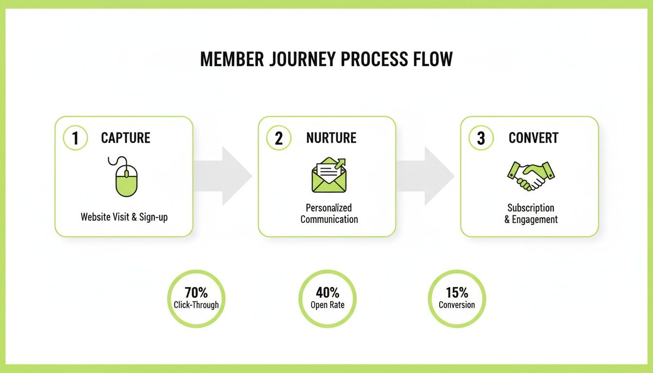 Member journey process flow illustrating capture, nurture, and convert steps with key metrics.
