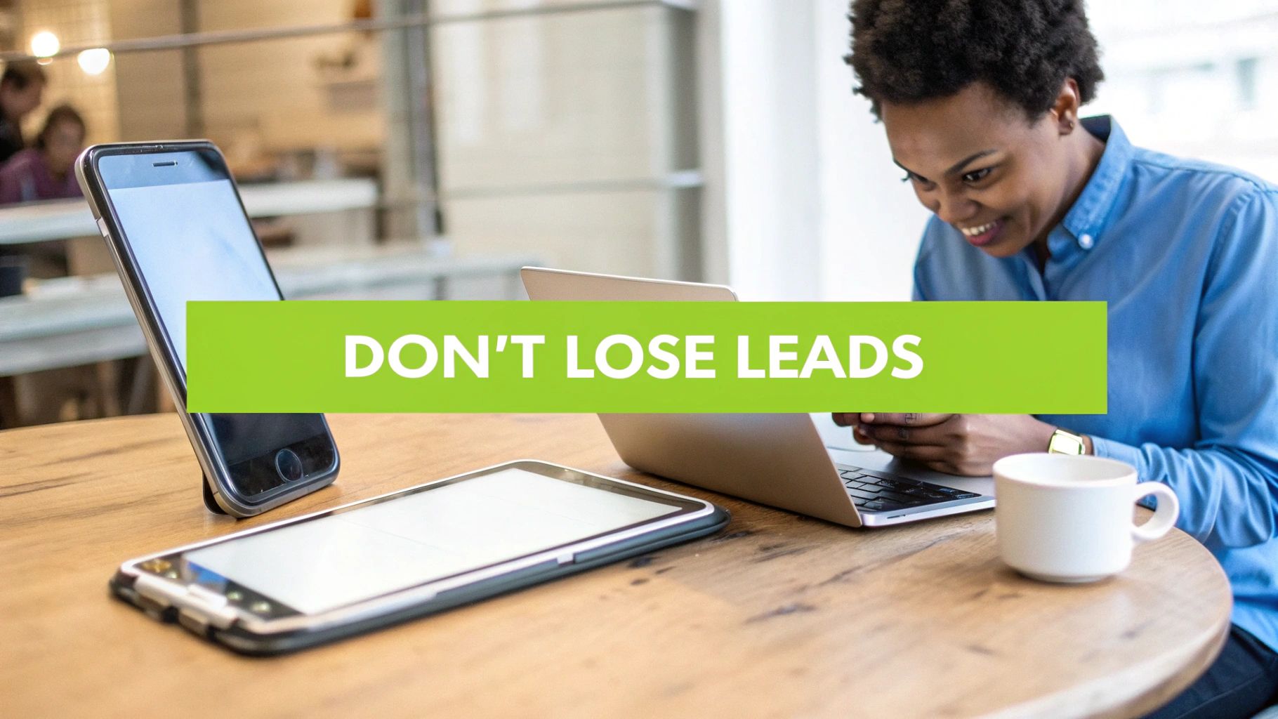 A smiling person works on a laptop and smartphone, with a tablet and mug on a wooden desk. Text: DON'T LOSE LEADS.