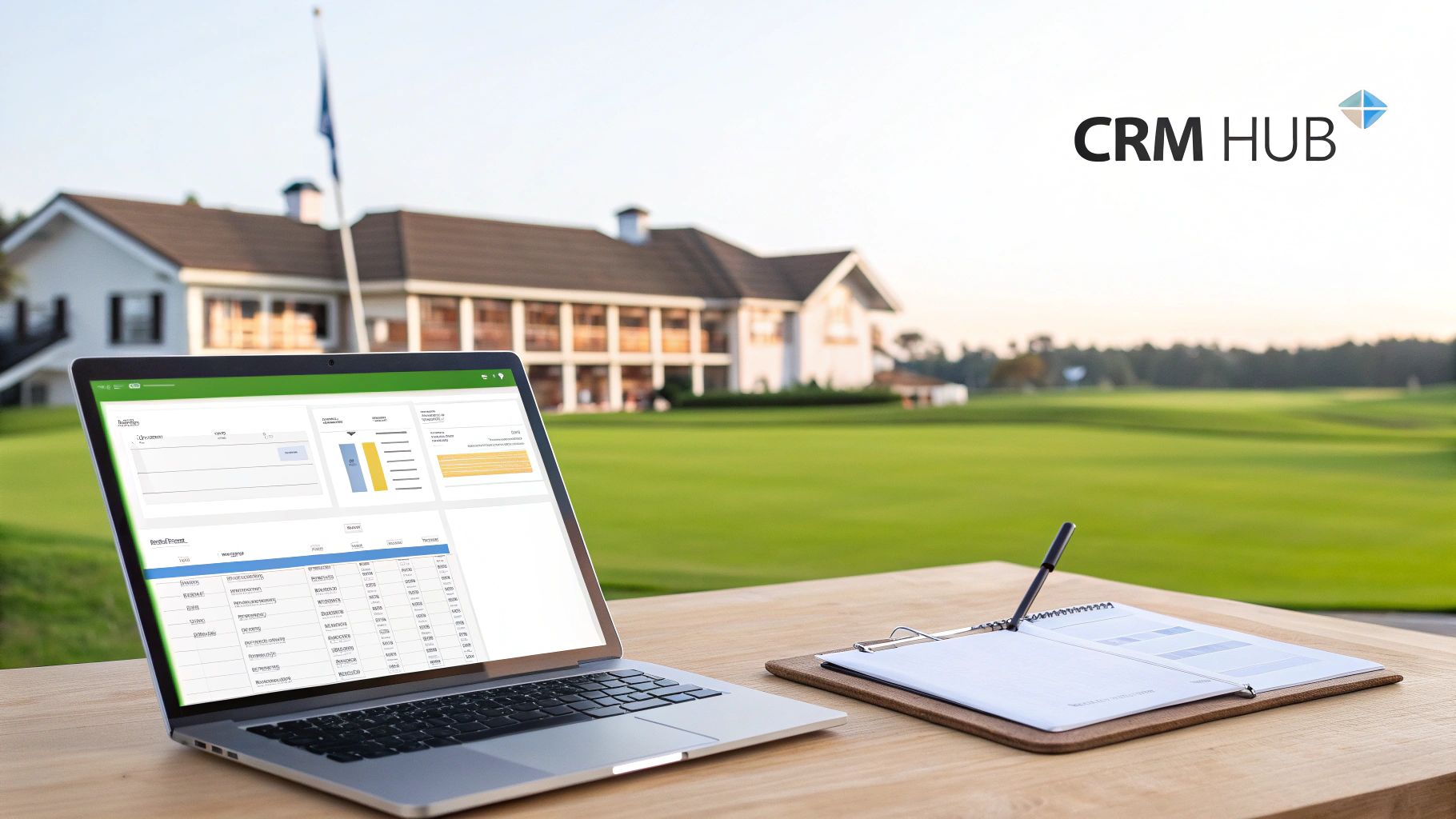 Laptop with CRM Hub software and clipboard on a golf course patio, showing a clubhouse.