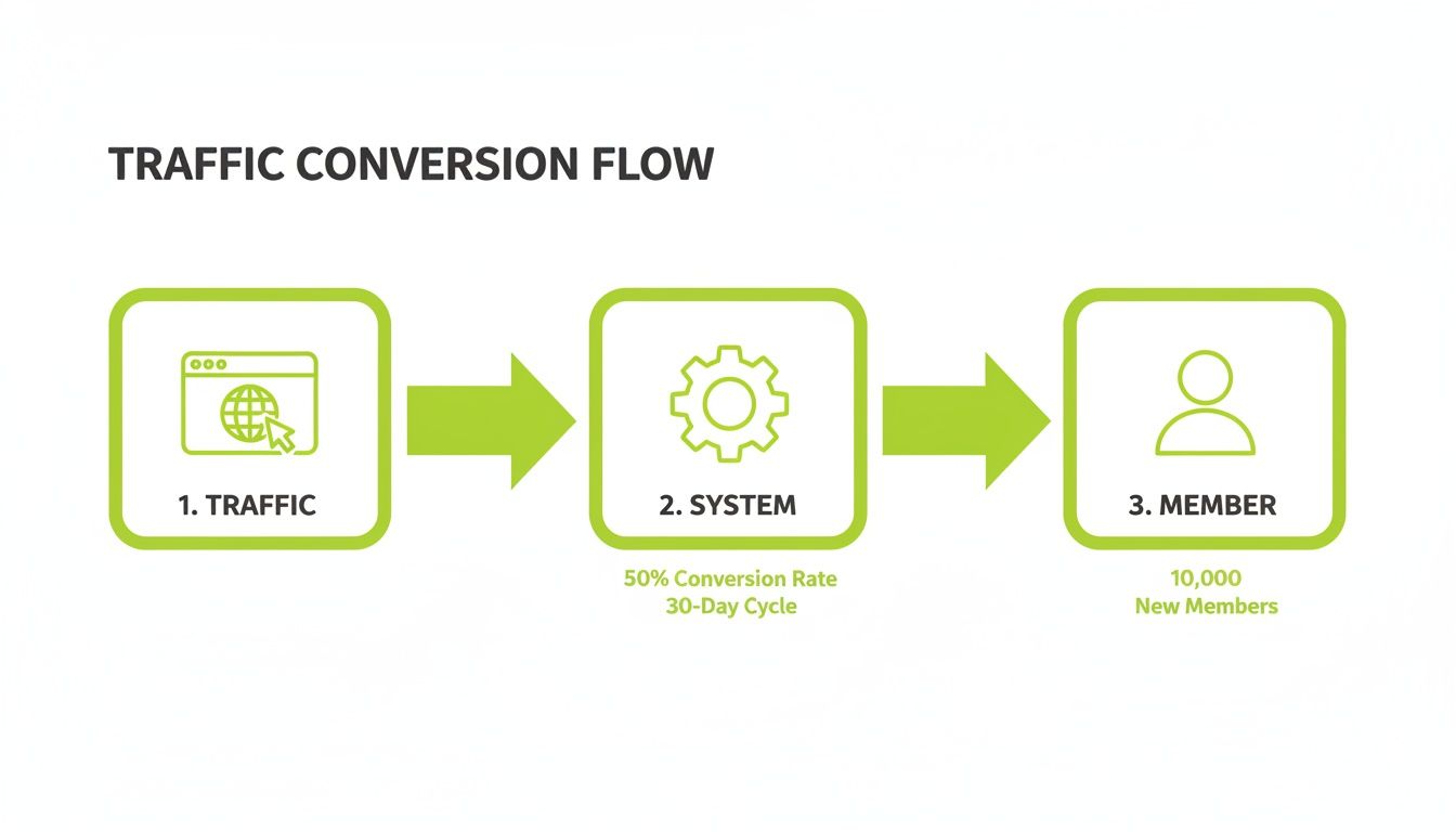 Diagram illustrating a traffic conversion flow from initial traffic through a system to new members.