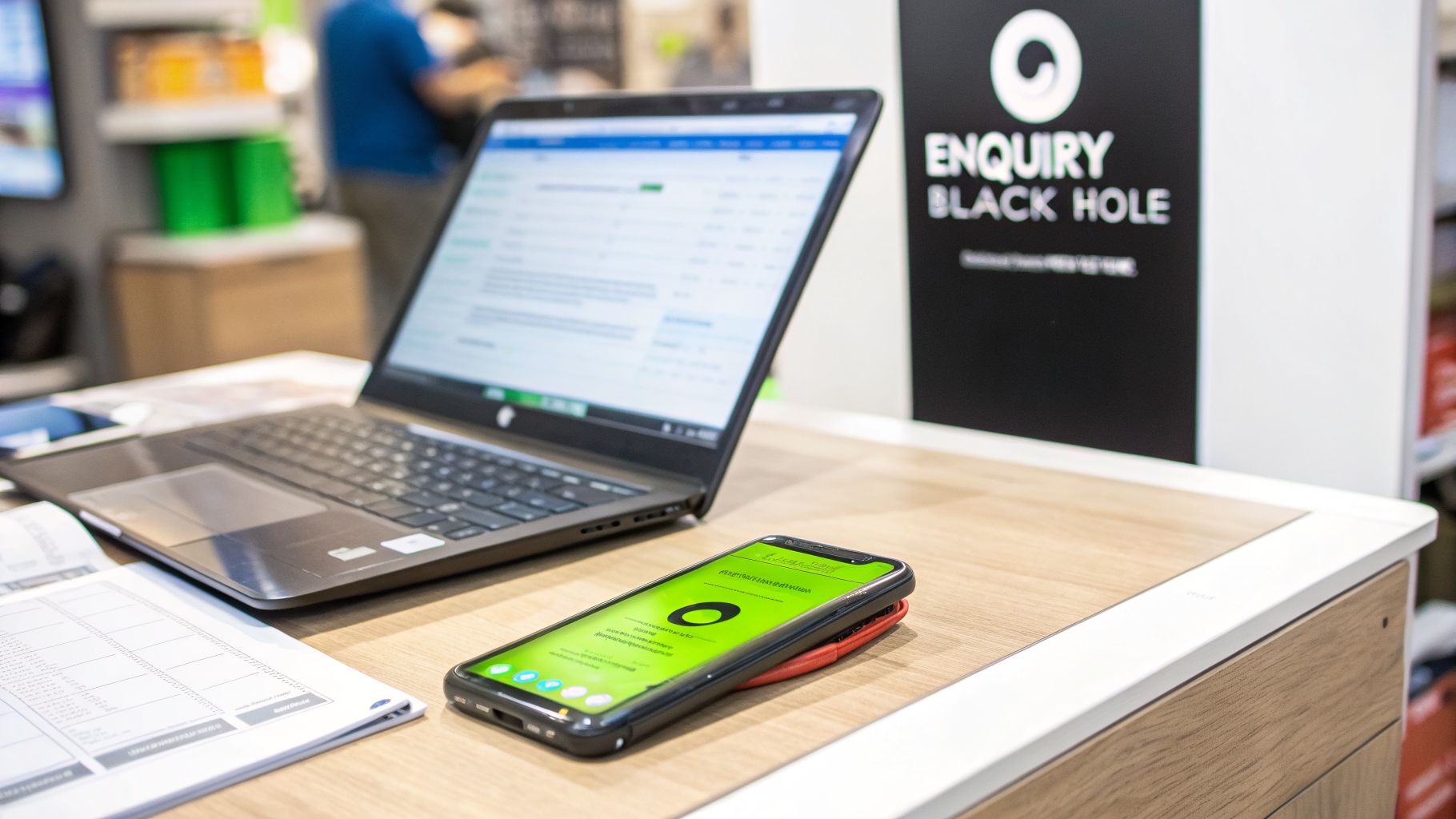 A black laptop and a smartphone with a green screen on a wooden desk with an 'Enquiry Black Hole' sign.