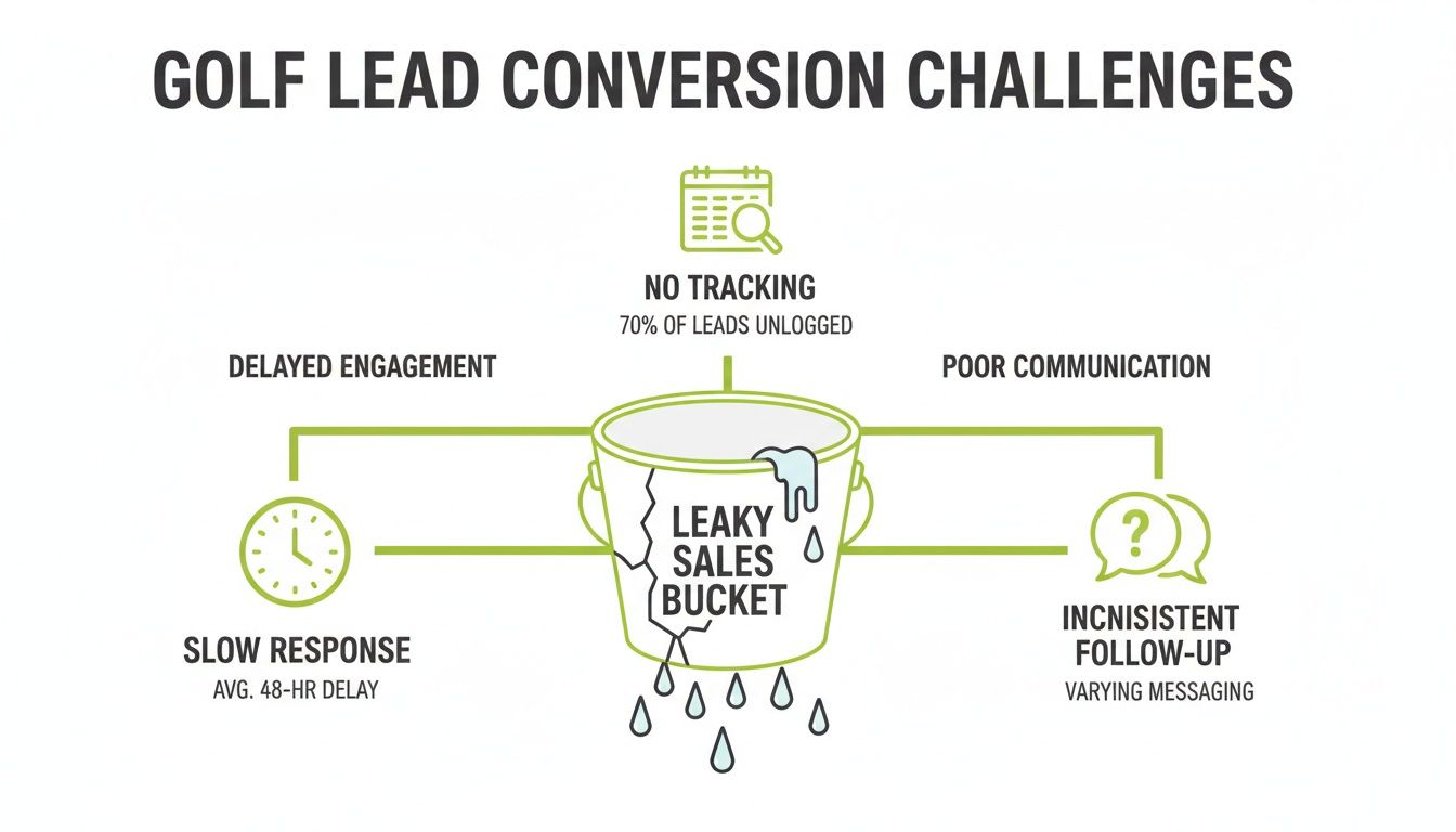 Infographic illustrating golf lead conversion challenges, depicting a leaky sales bucket due to various issues.