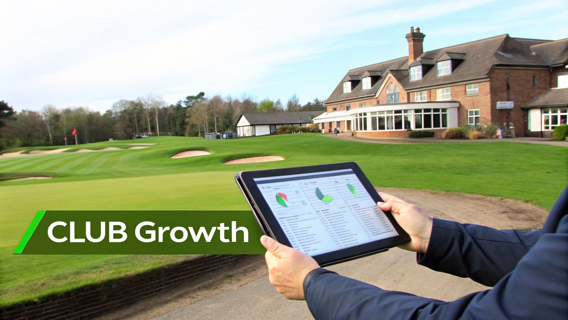 Person viewing analytics on a tablet with a golf course and clubhouse in the background, promoting club growth.