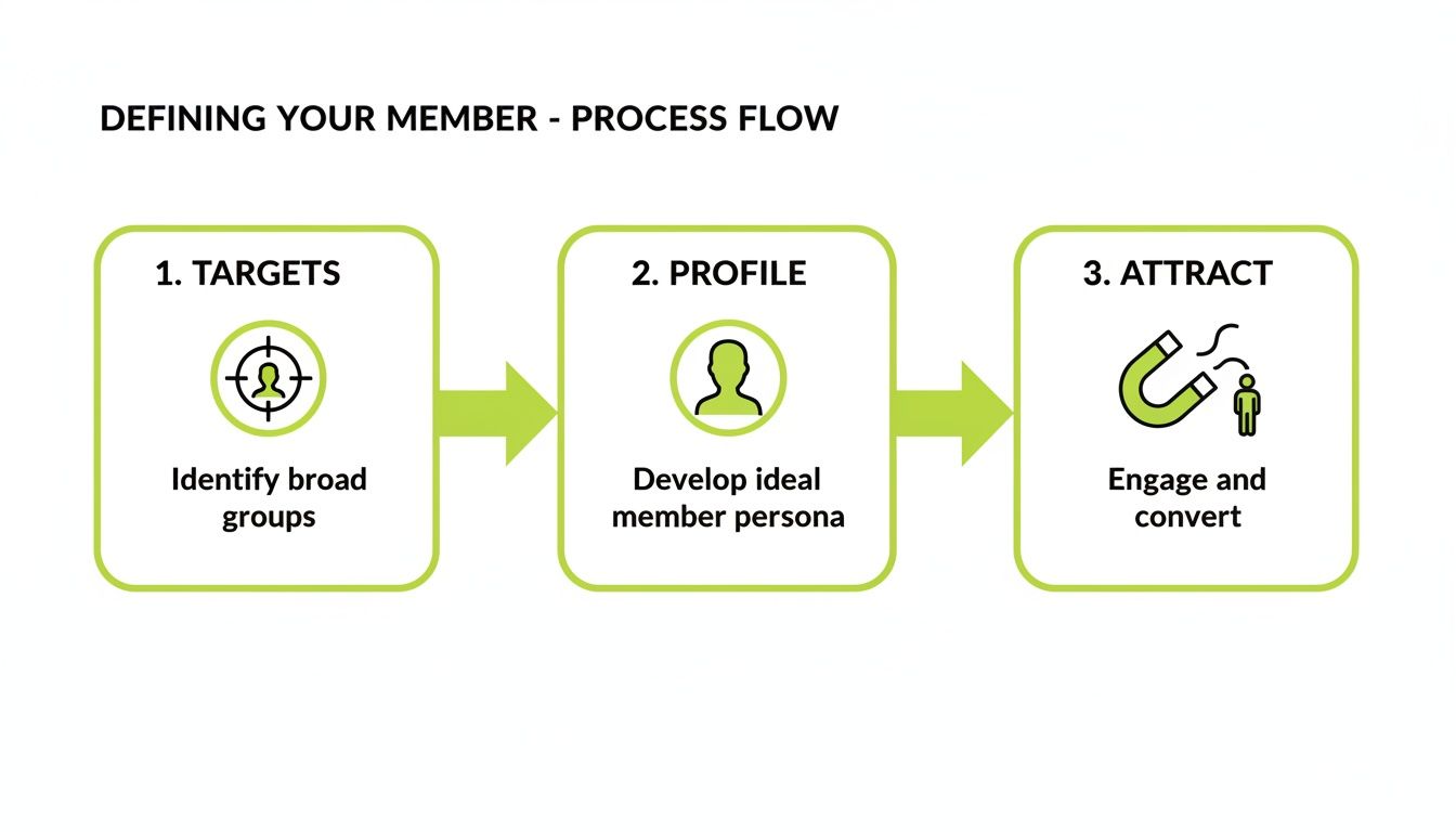 A process flow diagram illustrating three steps to define and attract members: targets, profile, attract.