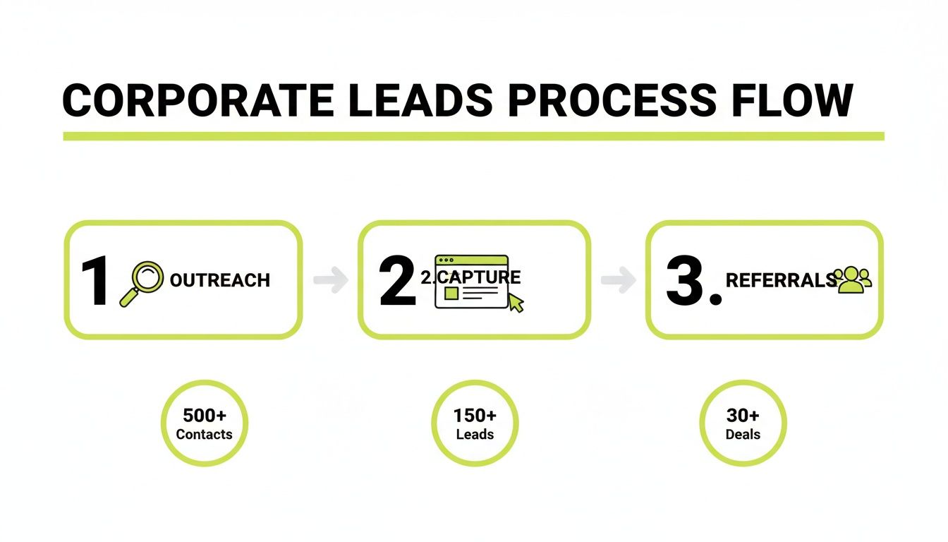 A corporate leads process flow diagram illustrating steps: Outreach, Capture, and Referrals with target metrics.