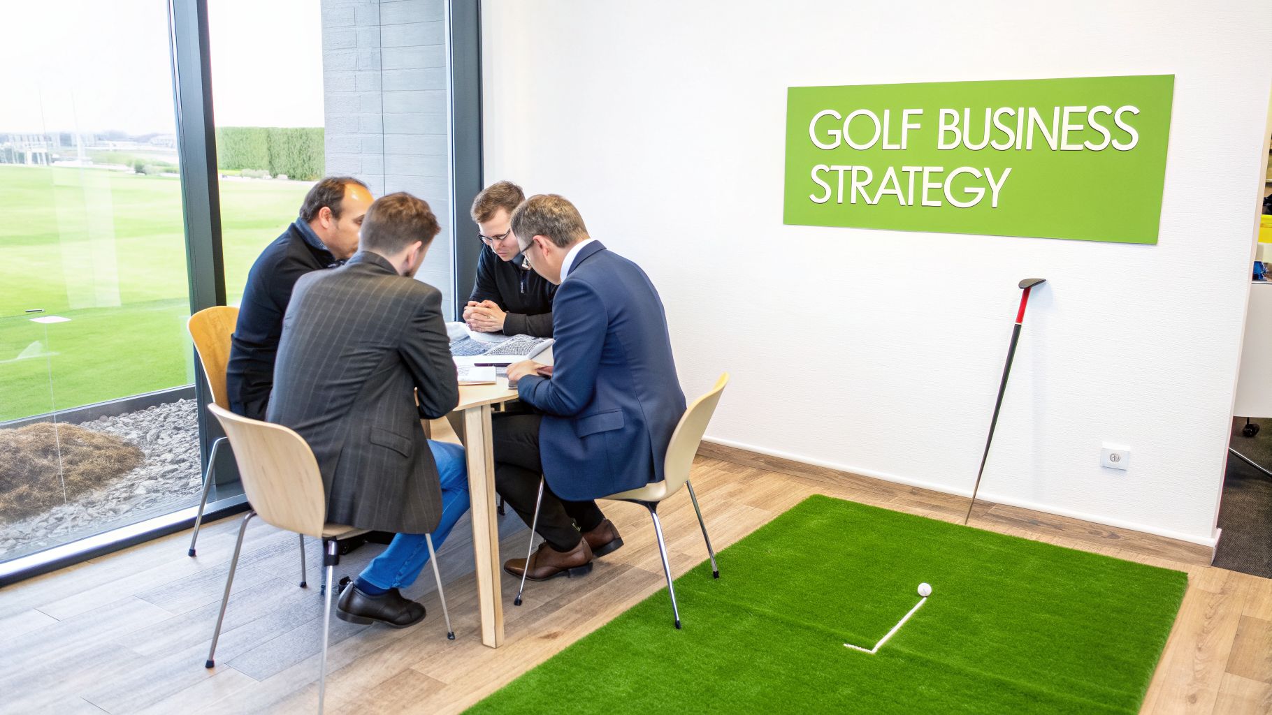 Four men discuss golf business strategy in an office with a view of a golf course.
